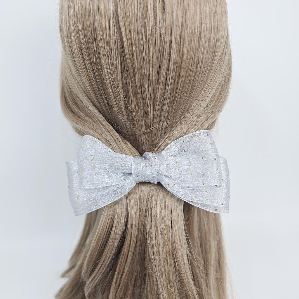 Sheer Chiffon Mini Gold Big Ribbon Flat Barrette (3.1 Inch) / Elegance French Hair Pin / Automatic Hair Clip