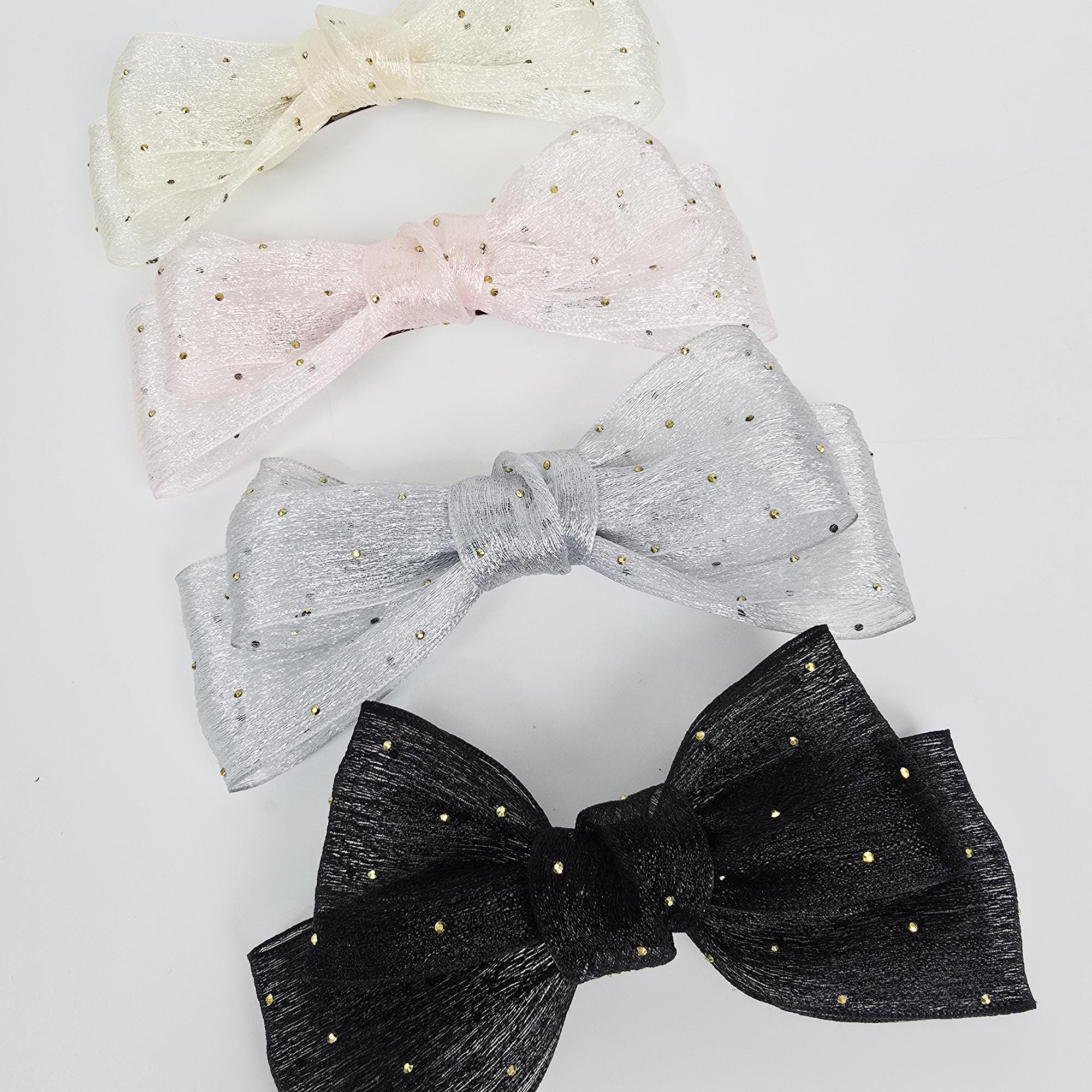 Sheer Chiffon Mini Gold Big Ribbon Flat Barrette (3.1 Inch) / Elegance French Hair Pin / Automatic Hair Clip