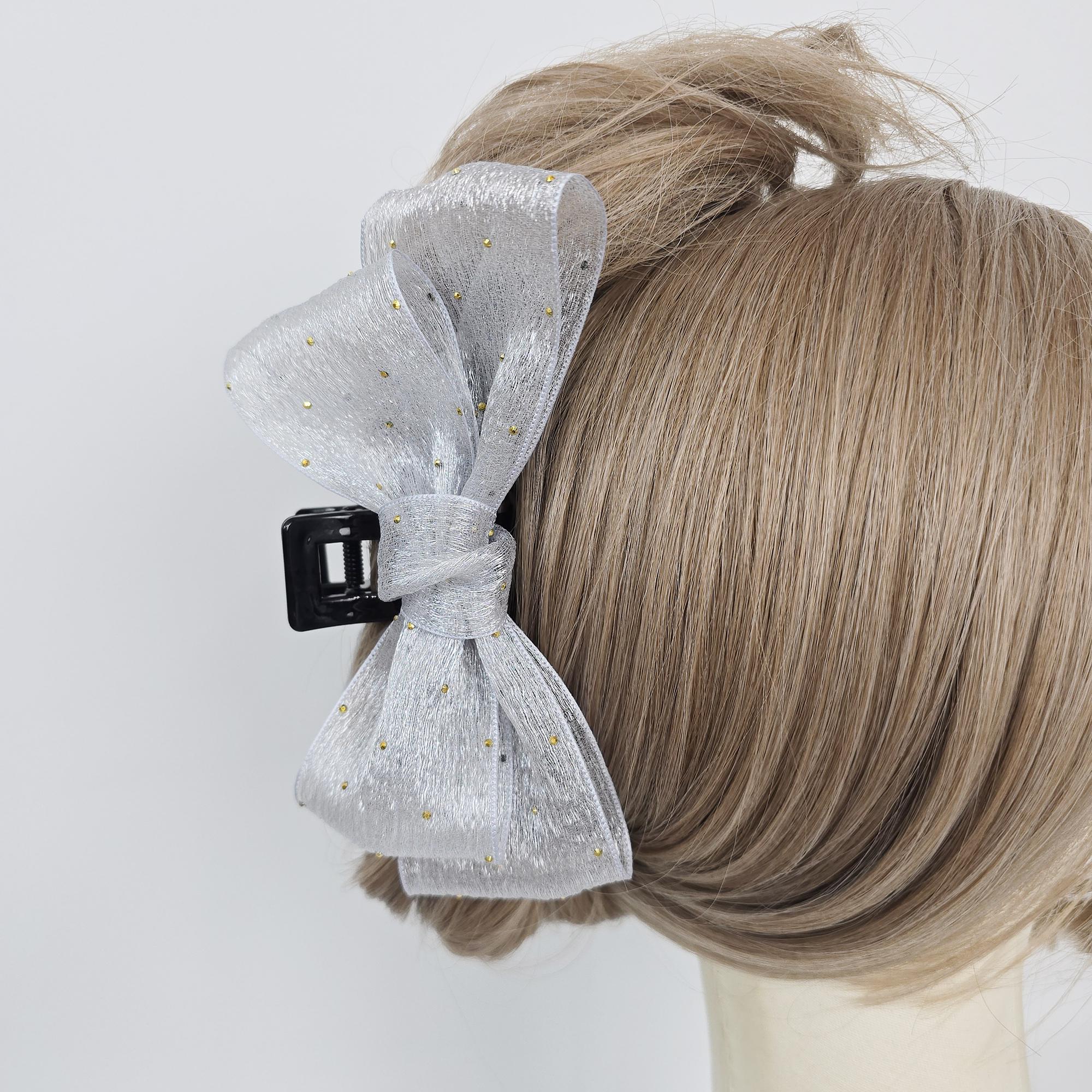 Sheer Chiffon Mini Gold Big Ribbon Updo Hair Claw Clip (5.1 Inch) / Large Hair Claw / Hair Accessory for Woman