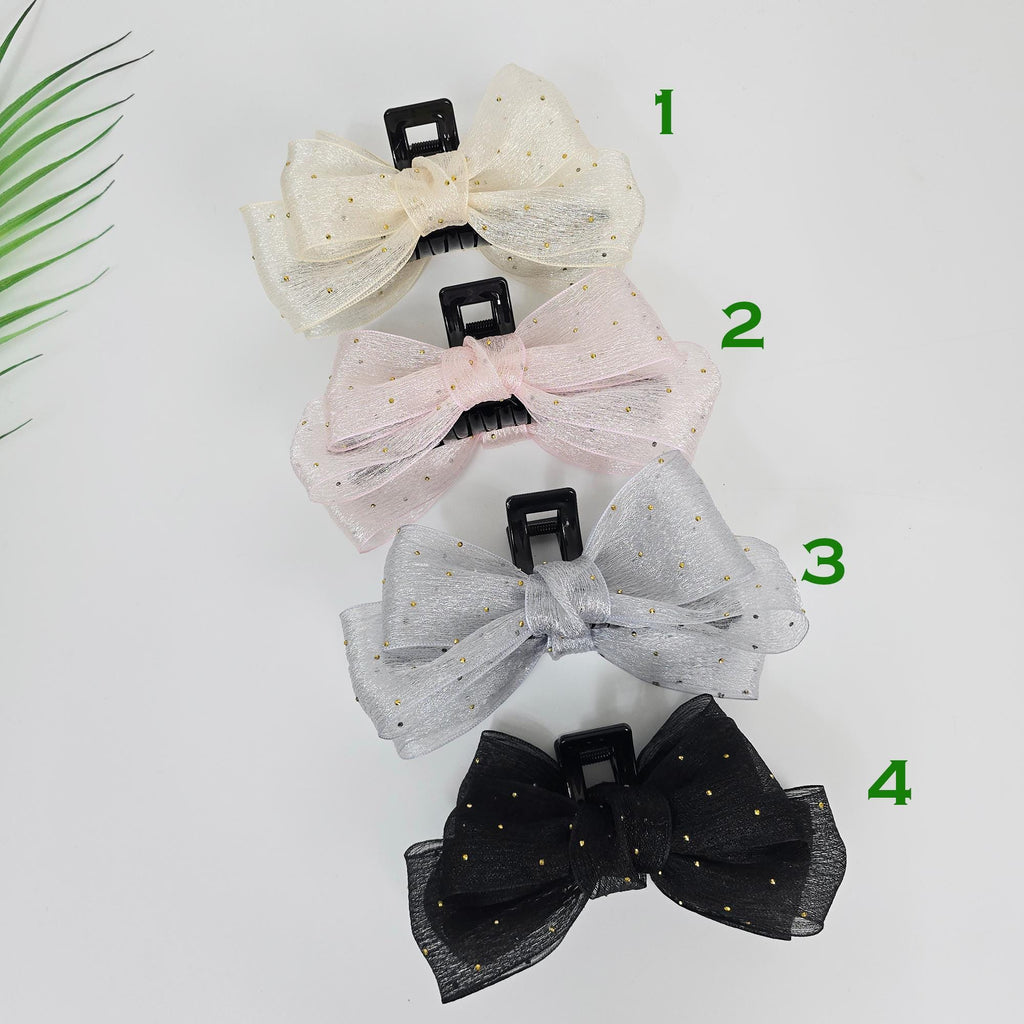 Sheer Chiffon Mini Gold Big Ribbon Updo Hair Claw Clip (5.1 Inch) / Large Hair Claw / Hair Accessory for Woman