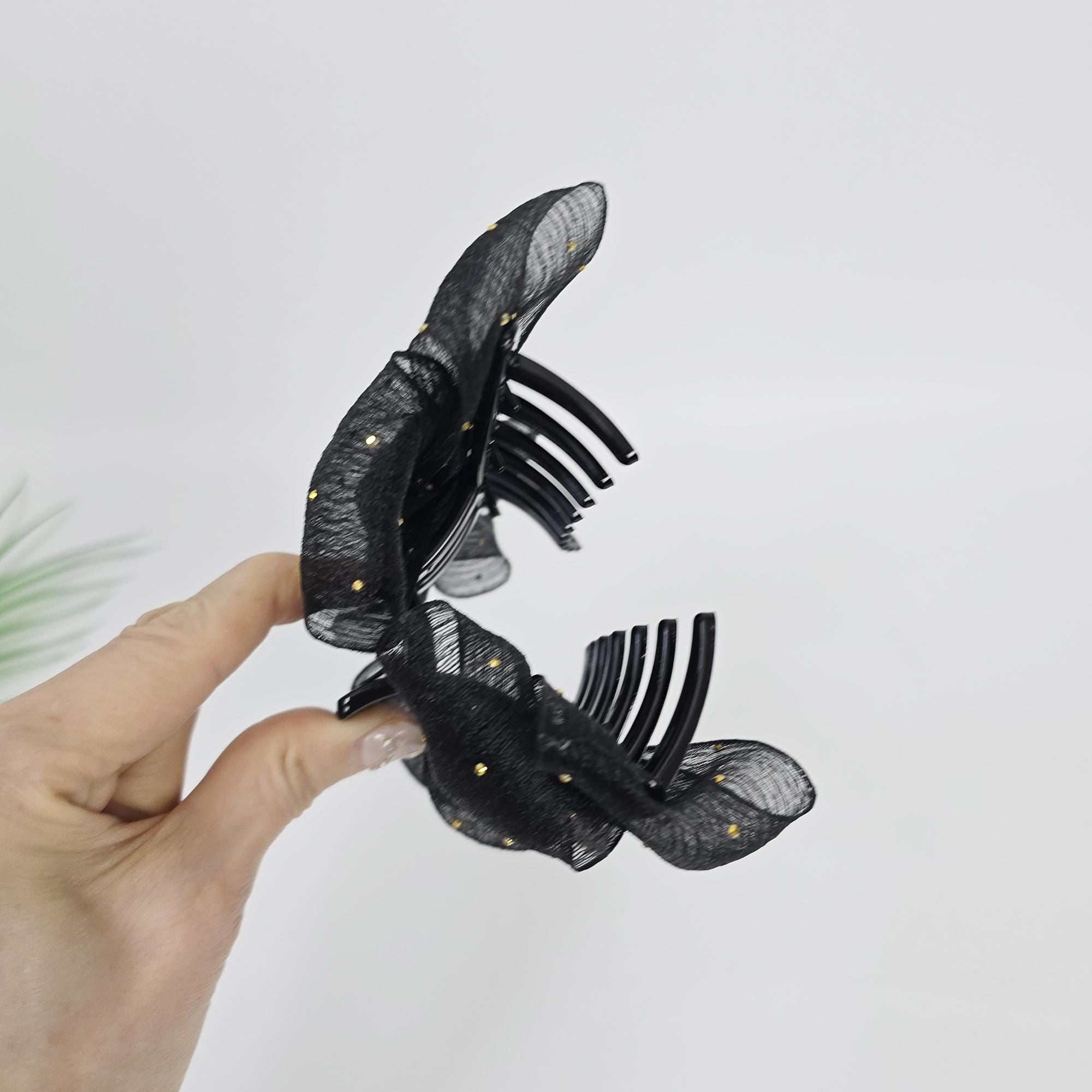 Sheer Chiffon Mini Gold Big Ribbon Updo Hair Claw Clip (5.1 Inch) / Large Hair Claw / Hair Accessory for Woman