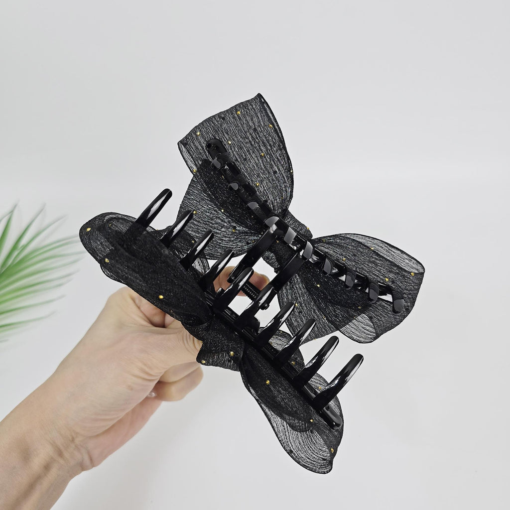 Sheer Chiffon Mini Gold Big Ribbon Updo Hair Claw Clip (5.1 Inch) / Large Hair Claw / Hair Accessory for Woman