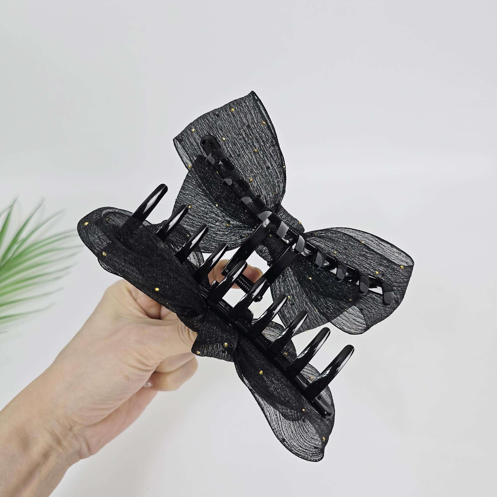 Sheer Chiffon Mini Gold Big Ribbon Updo Hair Claw Clip (5.1 Inch) / Large Hair Claw / Hair Accessory for Woman