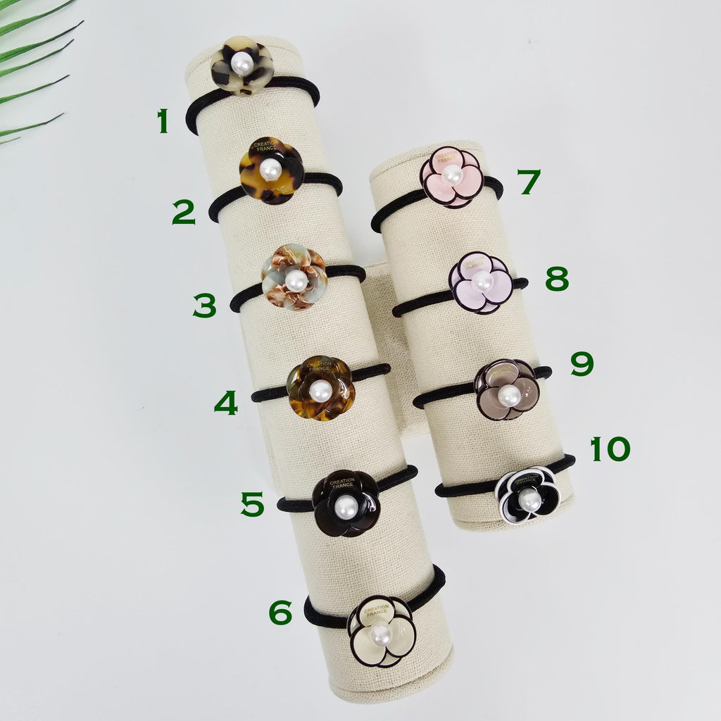 Small Pansy Flower Pearl Accent Ponytail Hair Tie (0.9 Inch) / Small Ponytail Holder / Hair Accessory for Woman