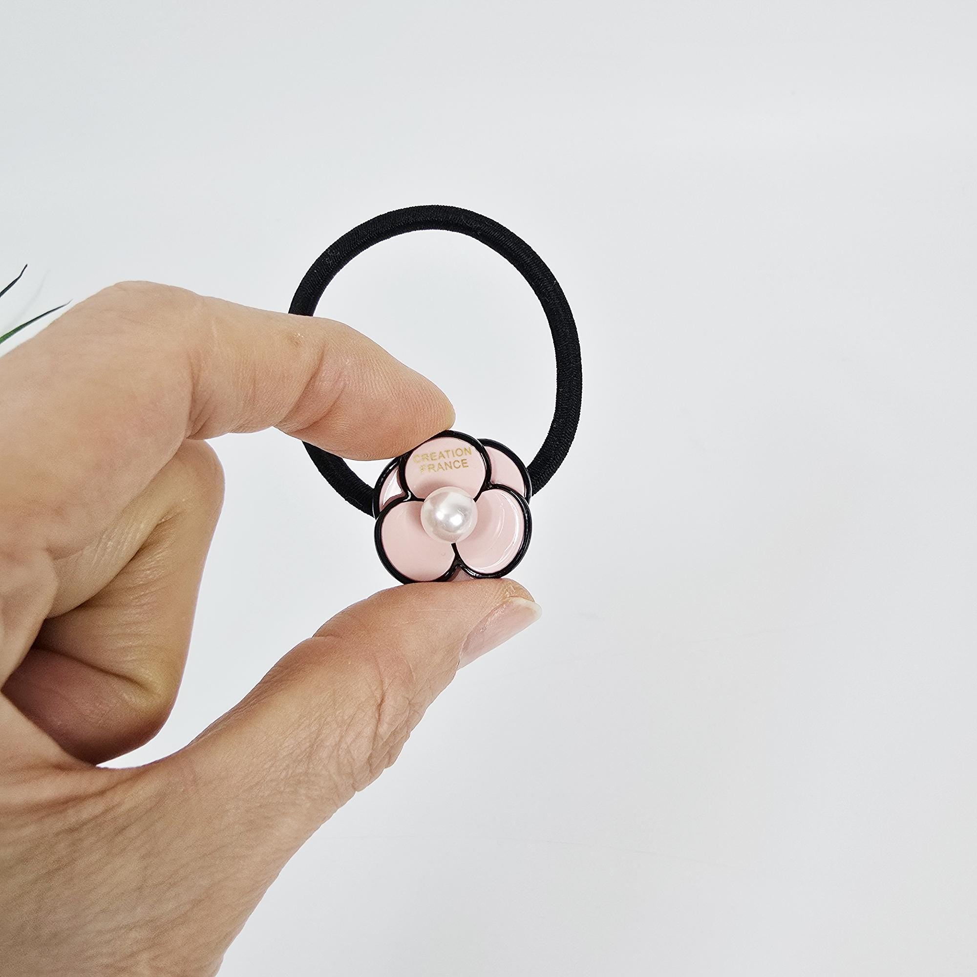 Small Pansy Flower Pearl Accent Ponytail Hair Tie (0.9 Inch) / Small Ponytail Holder / Hair Accessory for Woman