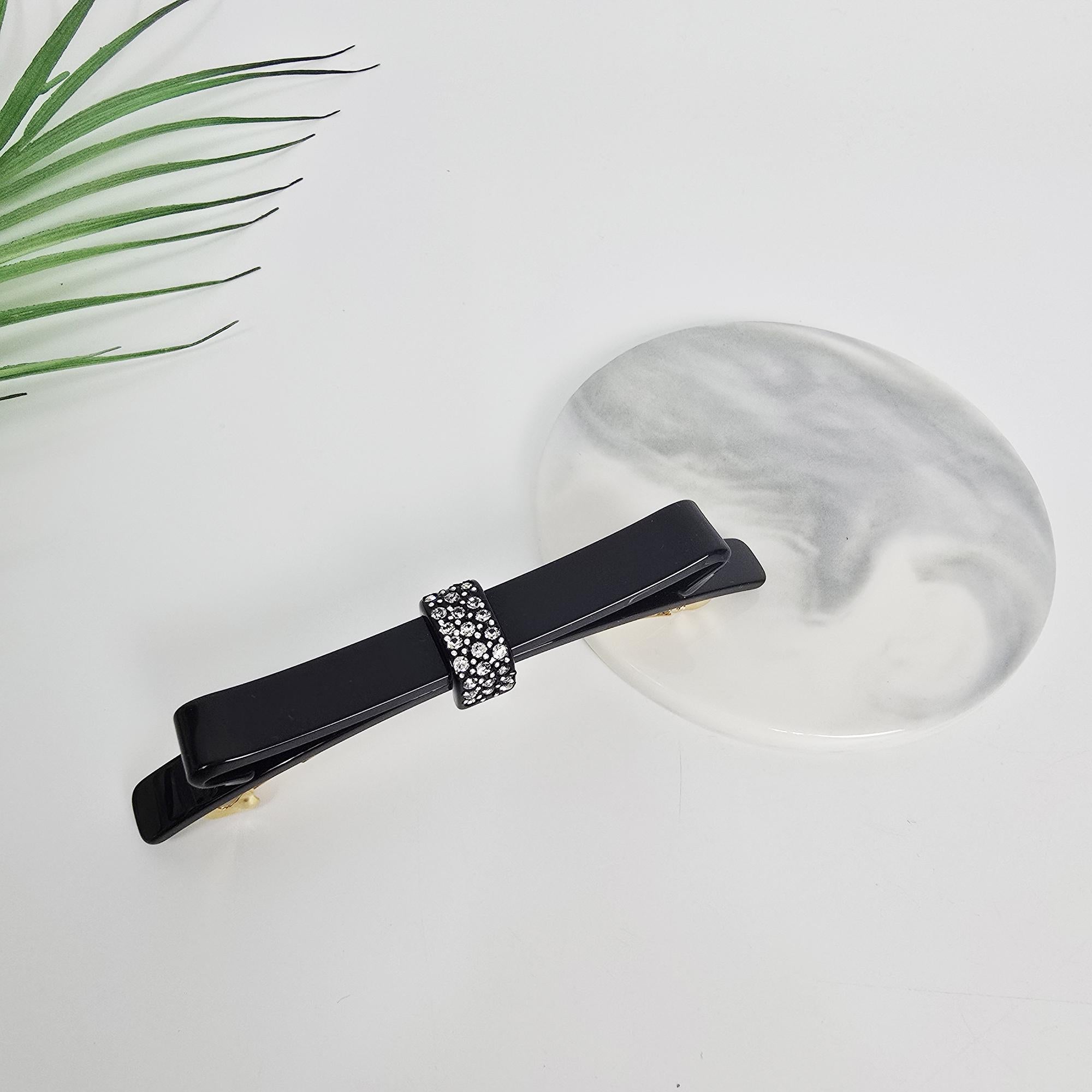 Long Bow Ribbon Cubic Barrette (4.1 Inch) / Elegance French Hair Pin / Automatic Hair Clip