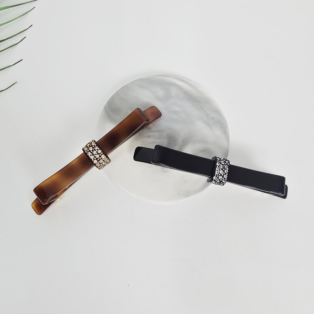 Long Bow Ribbon Cubic Barrette (4.1 Inch) / Elegance French Hair Pin / Automatic Hair Clip