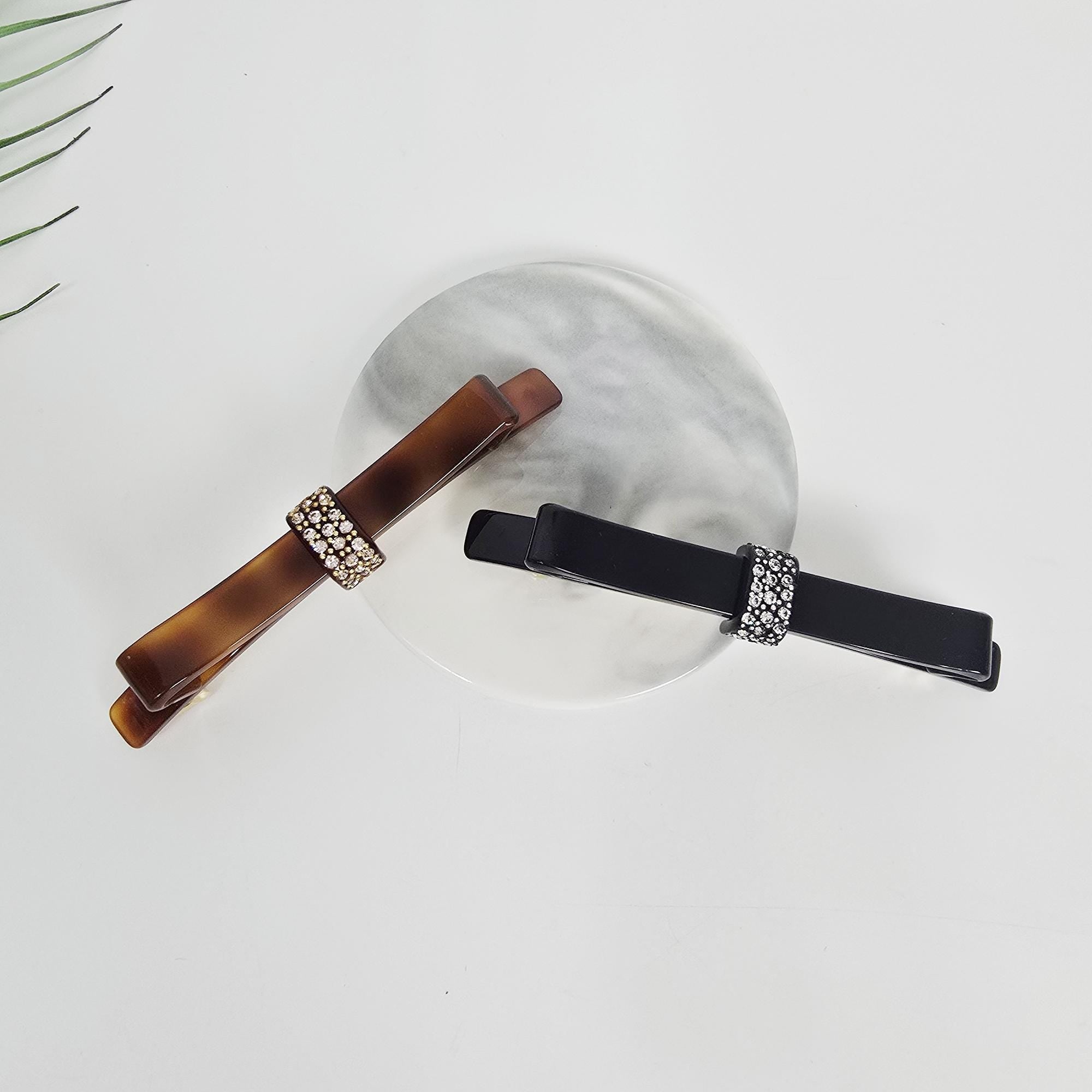 Long Bow Ribbon Cubic Barrette (4.1 Inch) / Elegance French Hair Pin / Automatic Hair Clip