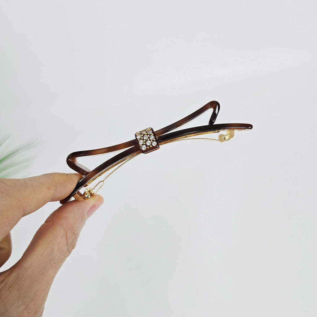 Long Bow Ribbon Cubic Barrette (4.1 Inch) / Elegance French Hair Pin / Automatic Hair Clip