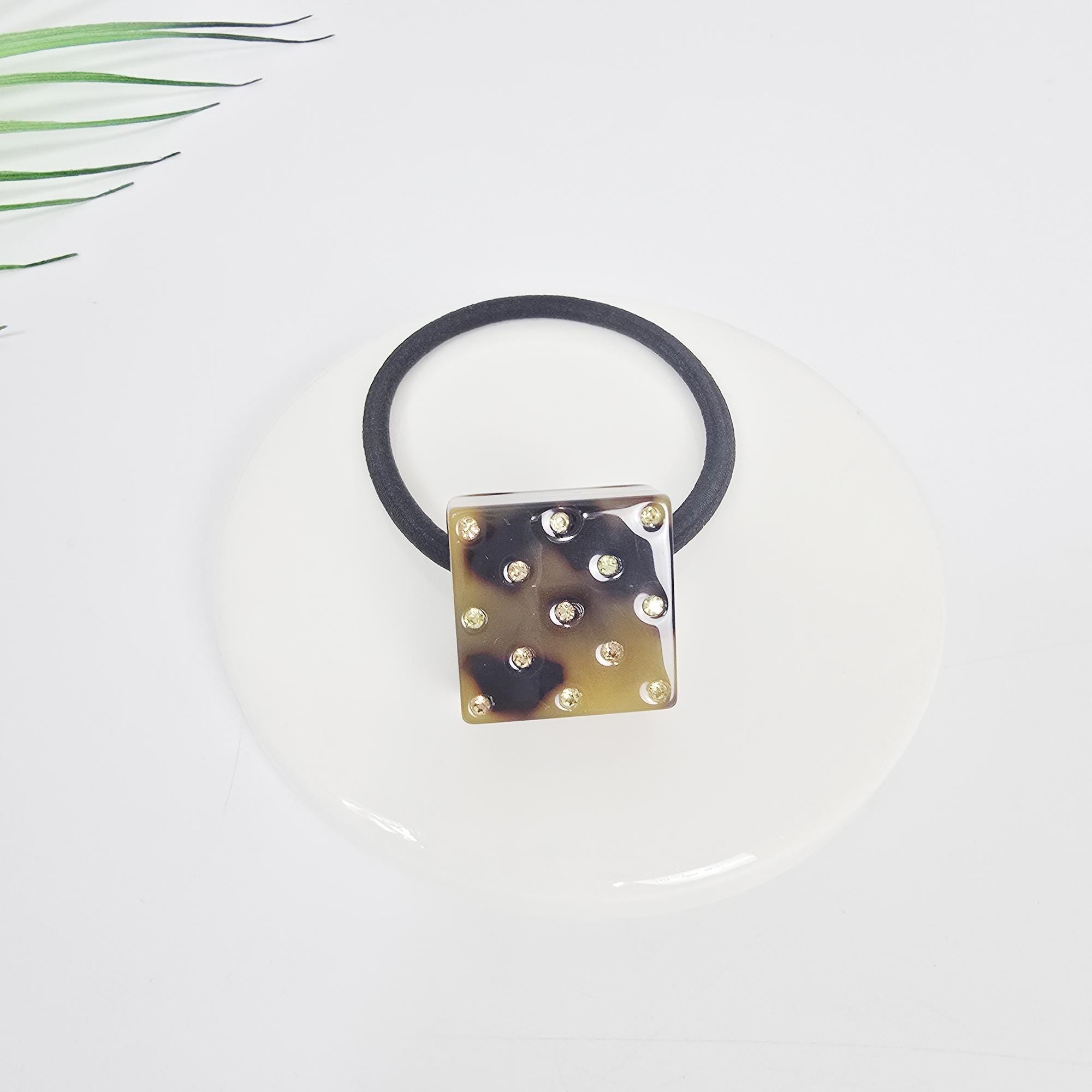 Bold Square Cubic Stone Ponytail Elastic Hair Tie / Simple Cute Ponytail Holder / Hair Accessory for Woman