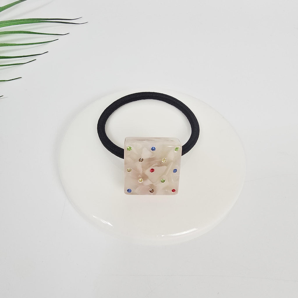 Bold Square Cubic Stone Ponytail Elastic Hair Tie / Simple Cute Ponytail Holder / Hair Accessory for Woman