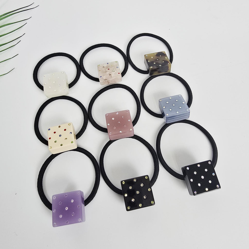 Bold Square Cubic Stone Ponytail Elastic Hair Tie / Simple Cute Ponytail Holder / Hair Accessory for Woman