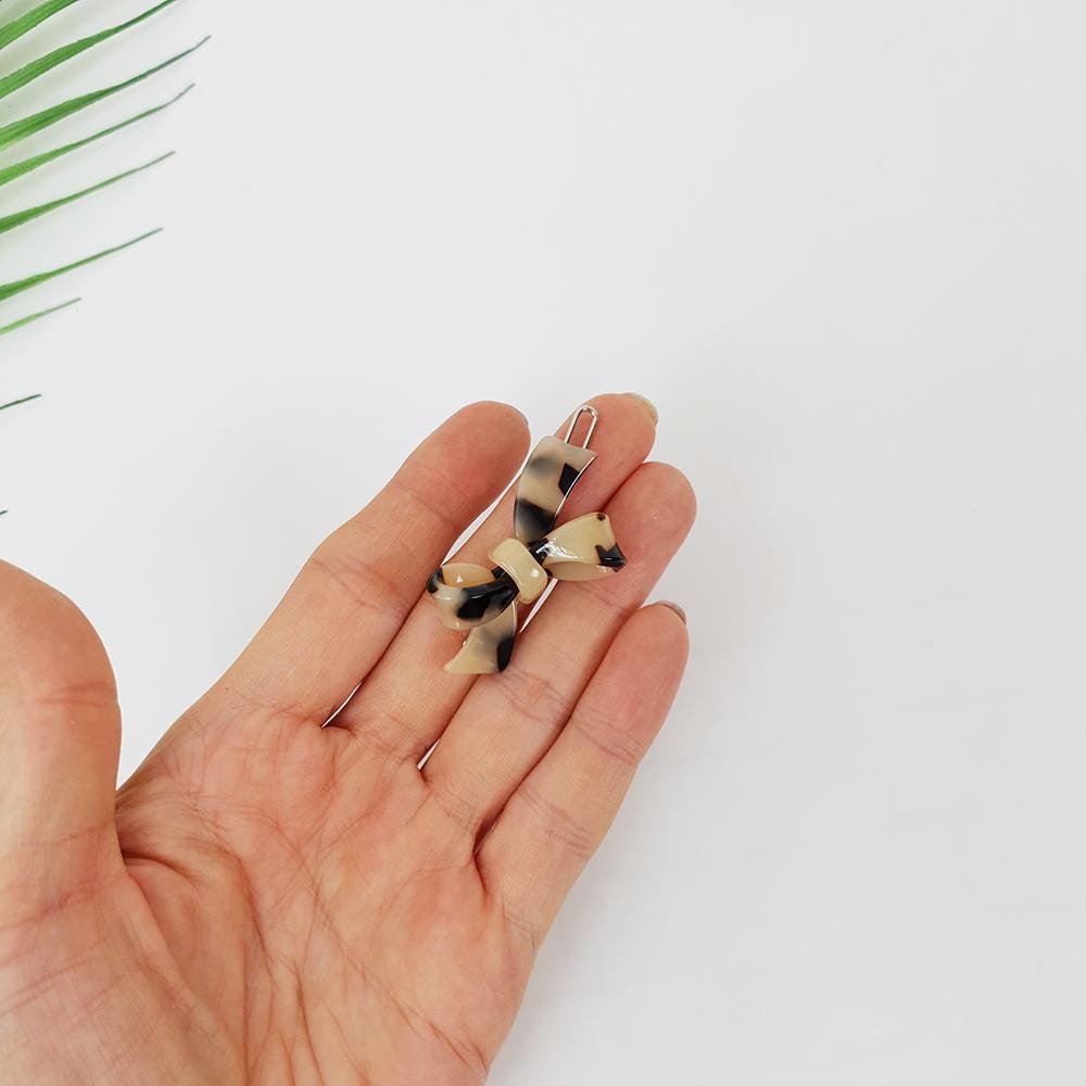 Tiny Double Ribbon Bobby Pin (1.8 Inch) / Tortoise Marble Leopard French Hair Pin Clip / Bow Barrette for Thin Hair