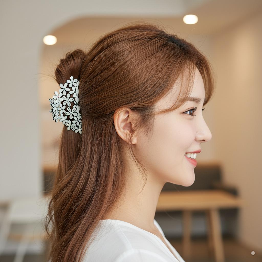 Pastel Color Glittering Blossom Hair Claw Clip (3.3 Inch) / Tortoise Shell Medium Size Ponytail Holder / Hair Barrette for Woman