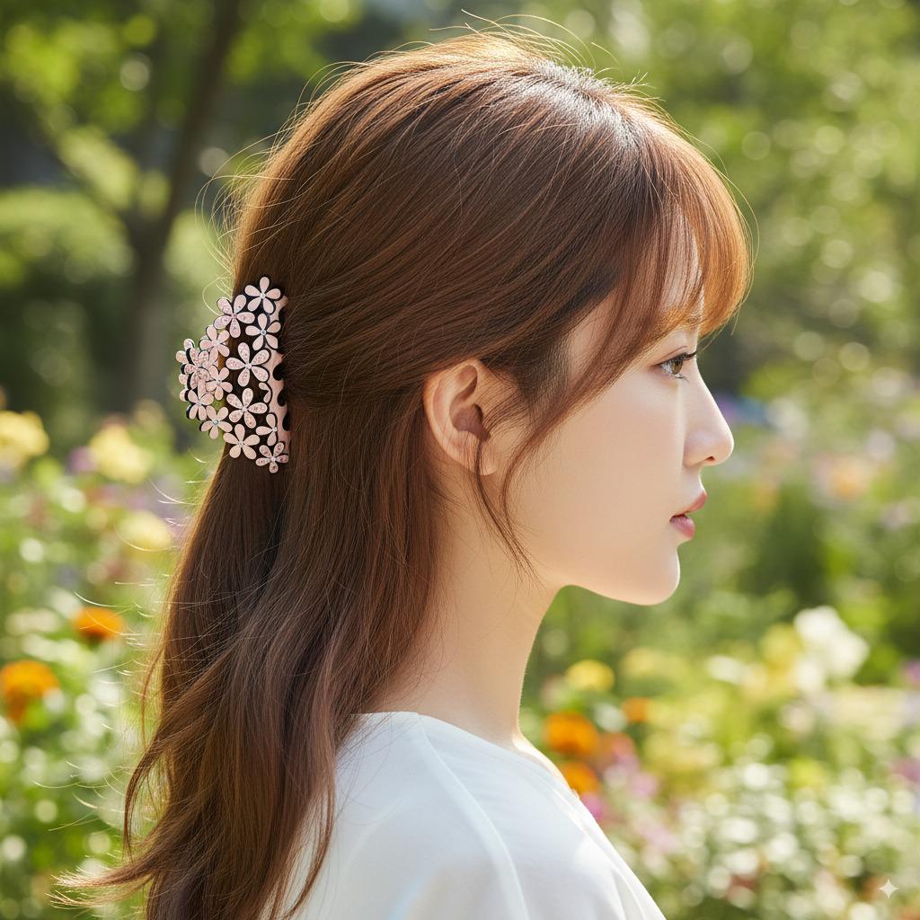 Pastel Color Glittering Blossom Hair Claw Clip (3.3 Inch) / Tortoise Shell Medium Size Ponytail Holder / Hair Barrette for Woman