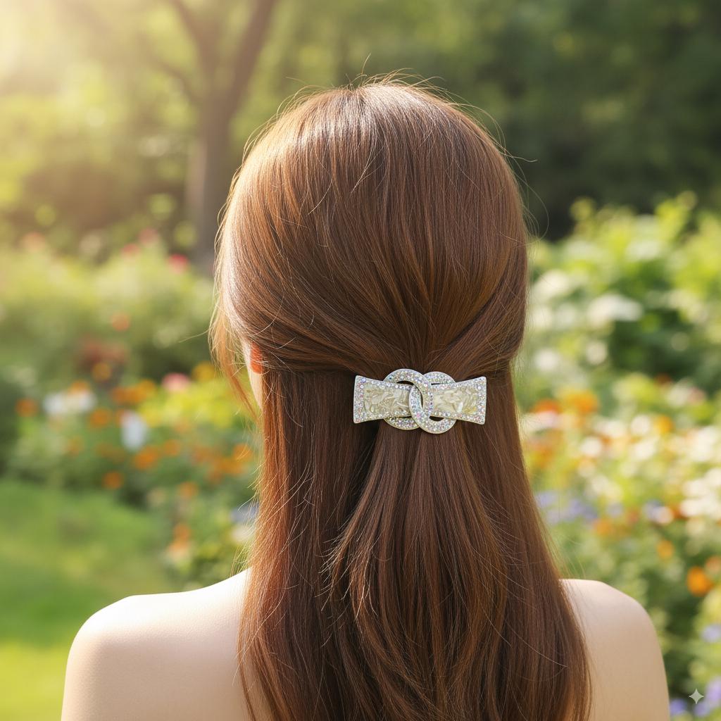 Sparkling Chain Cubic Line Half-Up Hair Barrette (3.1 Inch) / Elegance French Hair Pin / Automatic Hair Clip