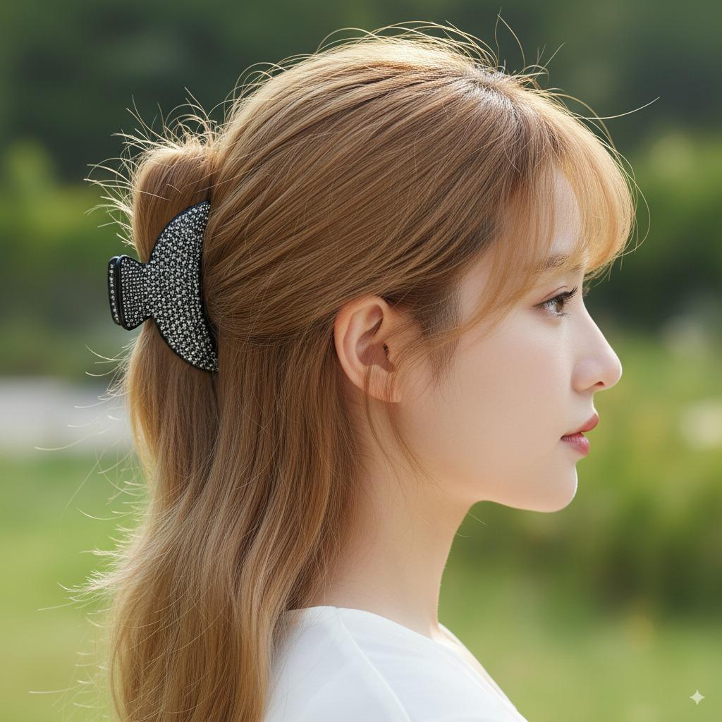 Black Cubic Half Moon Hair Clip (3.0 Inch) / Leopard Tortoise Shell Double Clip French Hair Pin / Hair Barrette for Woman