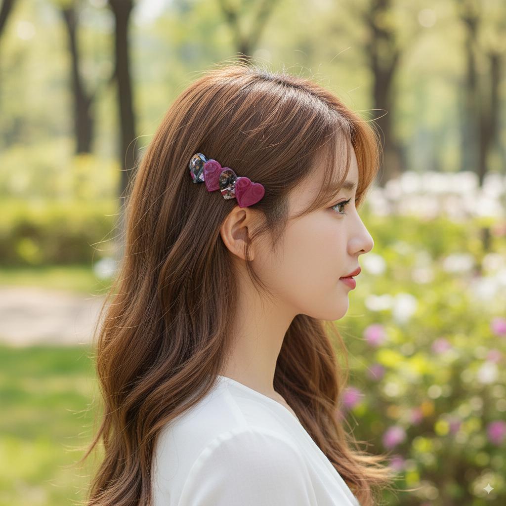 Mix Double Heart Hair Barrette (2.8 Inch) / Tortoise Marble French Hair Pin / Hair Accessory for Woman / Automatic Hair Clip