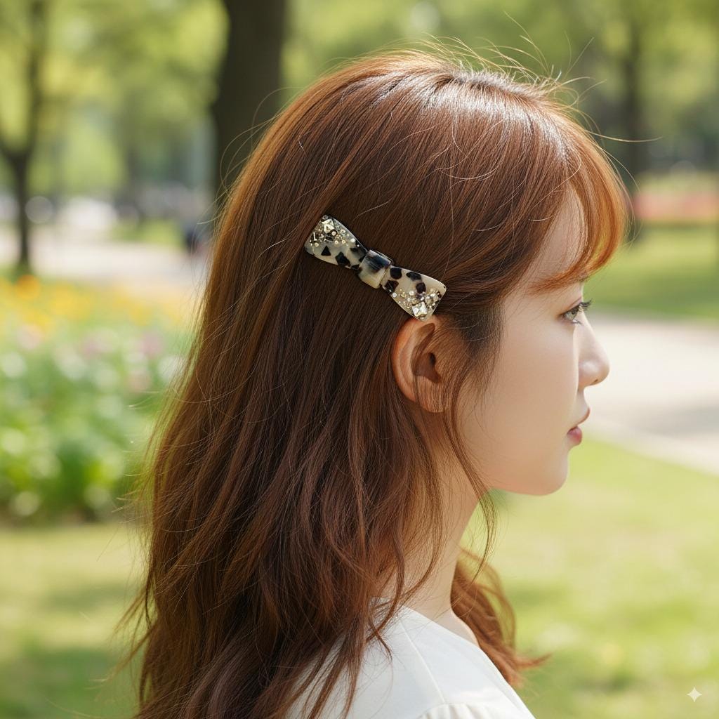 Leopard Bow Tie Hair Barrette with Cubic Stone / Tortoise Shell French Hair Pin / Hair Accessory for Woman / Automatic Hair Clip