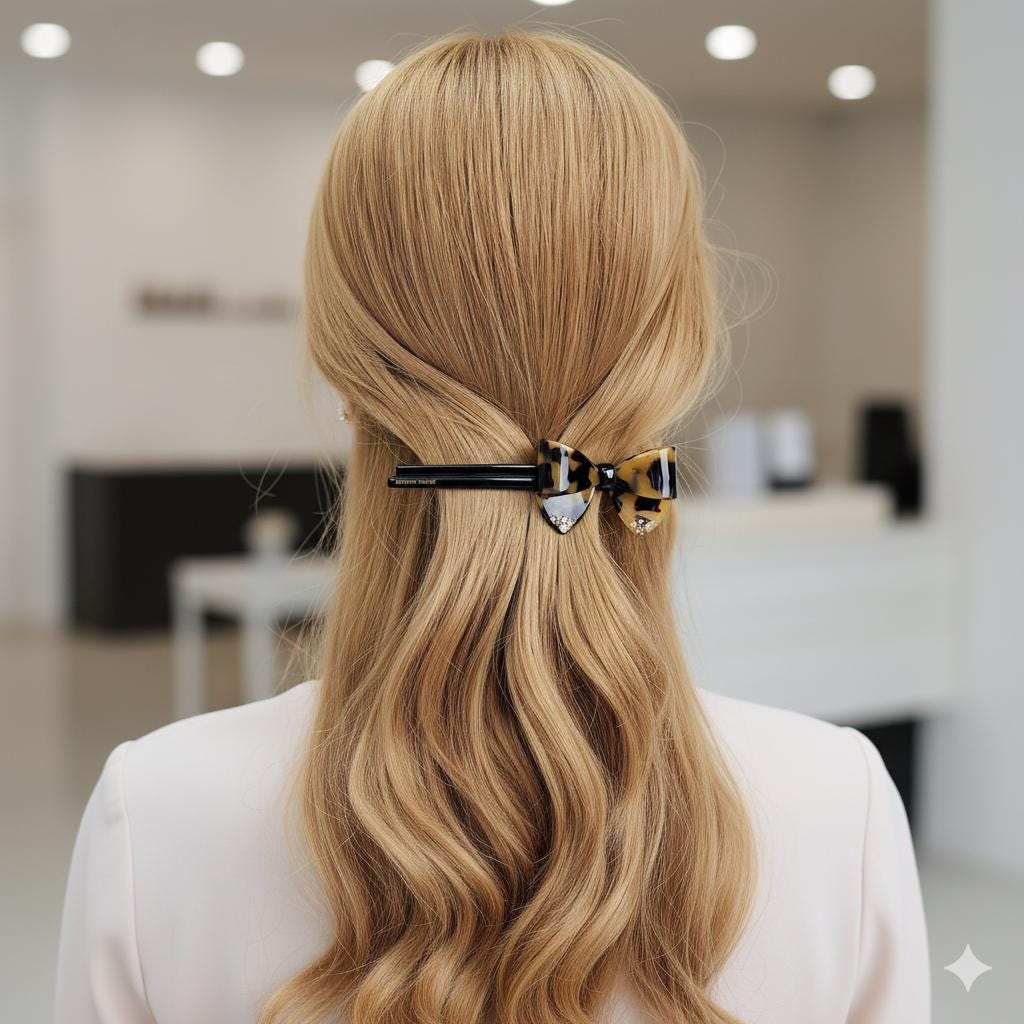 Tortoise Shell Cubic Big Ribbon Hair Barrette (5.1 Inch) / Leopard French Hair Pin / Hair Accessory for Woman / Automatic Hair Clip