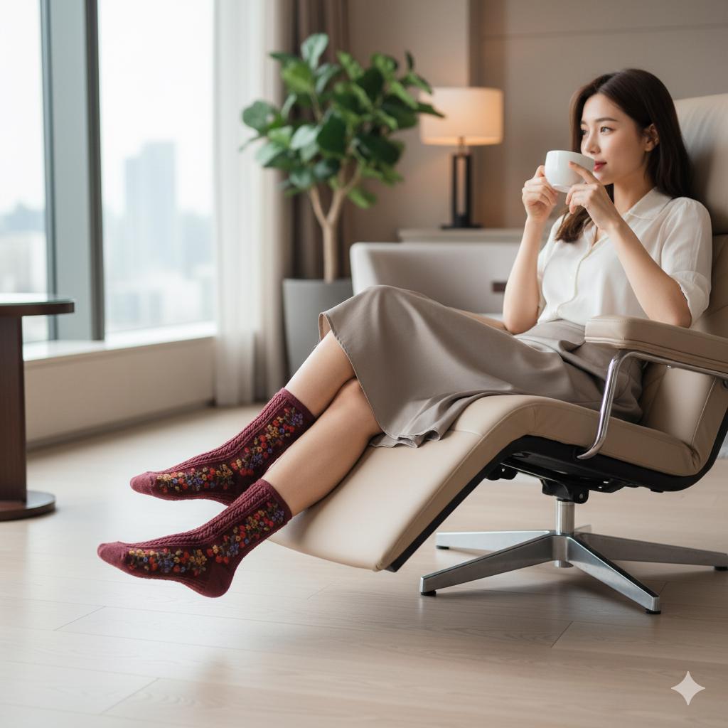 Vintage Floral Socks | Cotton Cable Knit Crew | Korean Socks | Christmas Gift for Her