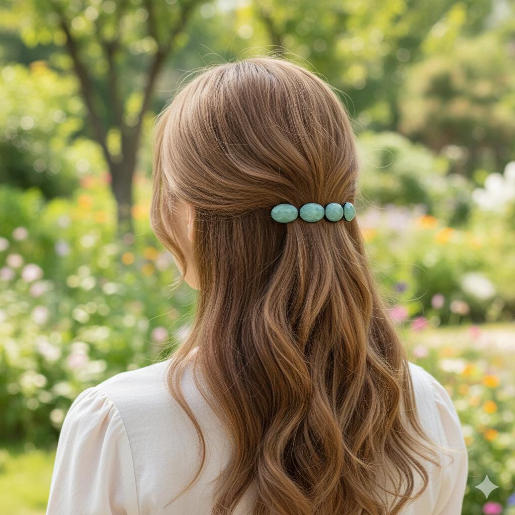 Big Oval Formica Hair Barrette (4.0 Inch) / Diamond Cut Formica Stone Decorated Barrette / Automatic Hair Pin