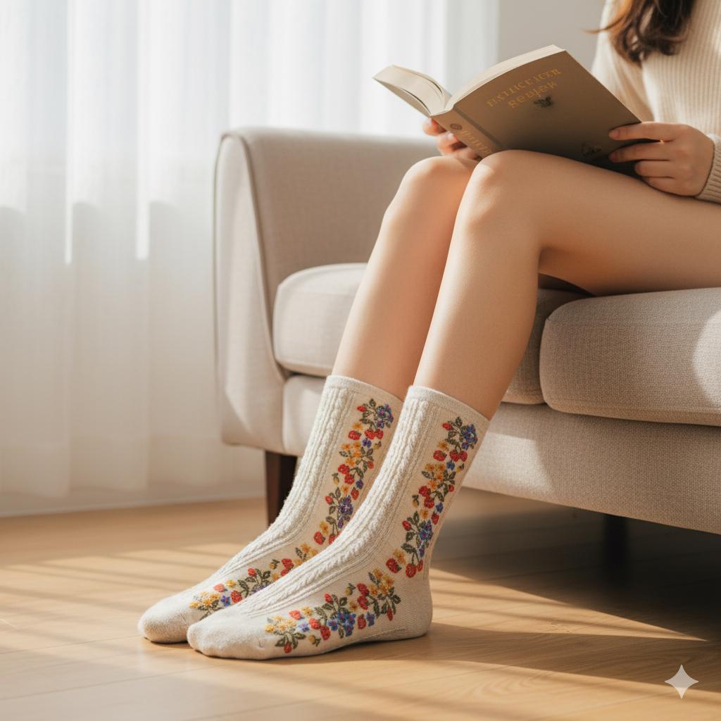 Vintage Floral Socks | Cotton Cable Knit Crew | Korean Socks | Christmas Gift for Her