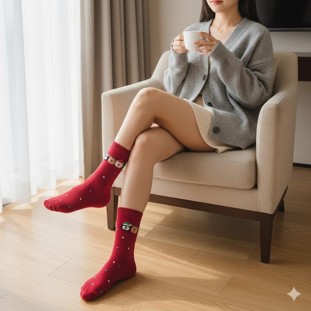 Christmas Socks | Embroidered Santa Bear Crew | Korean Socks | Cute Holiday Gift