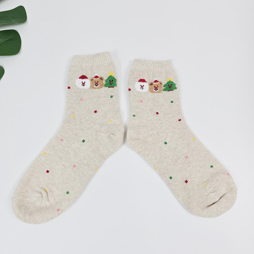 Christmas Socks | Embroidered Santa Bear Crew | Korean Socks | Cute Holiday Gift