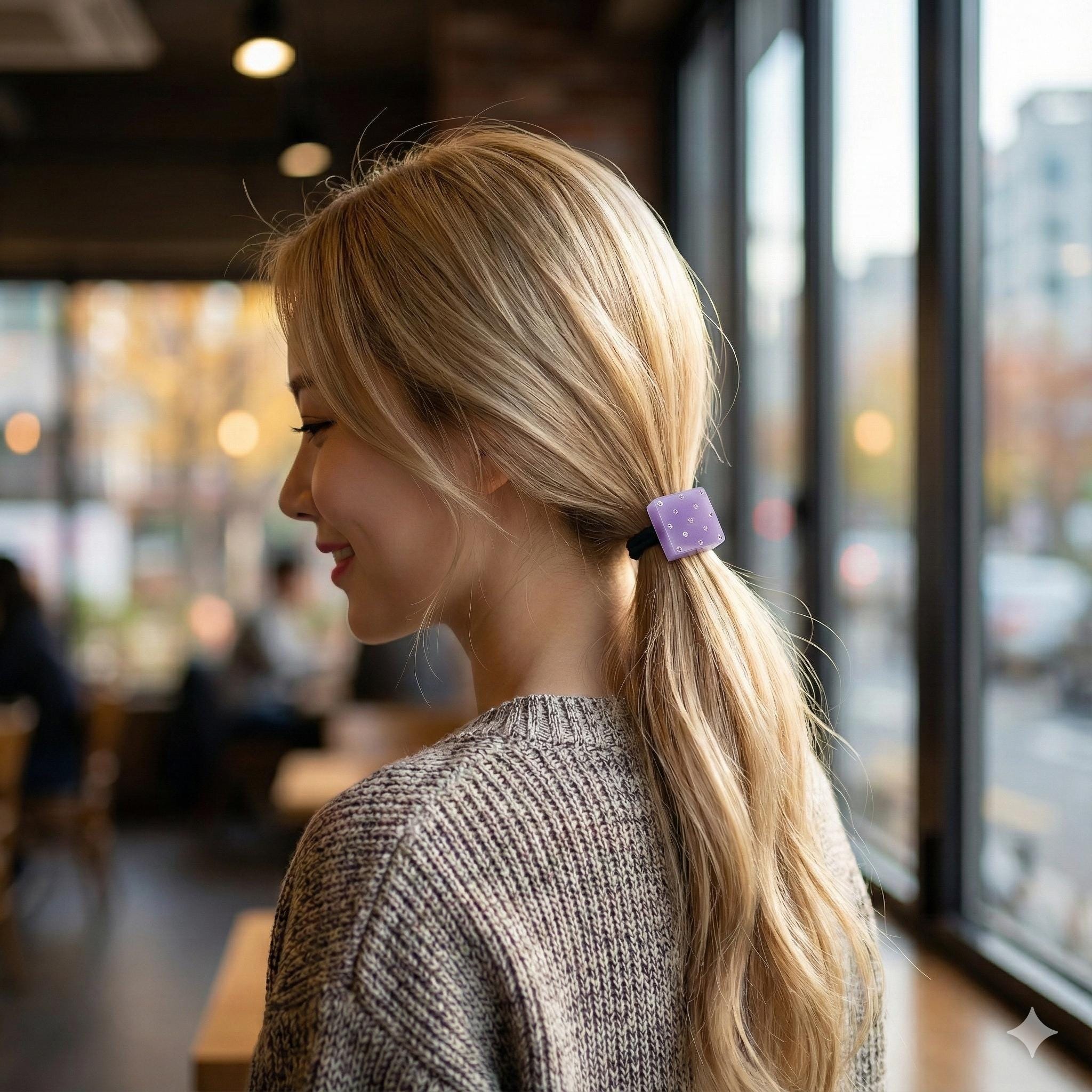 Bold Square Cubic Stone Ponytail Elastic Hair Tie / Simple Cute Ponytail Holder / Hair Accessory for Woman