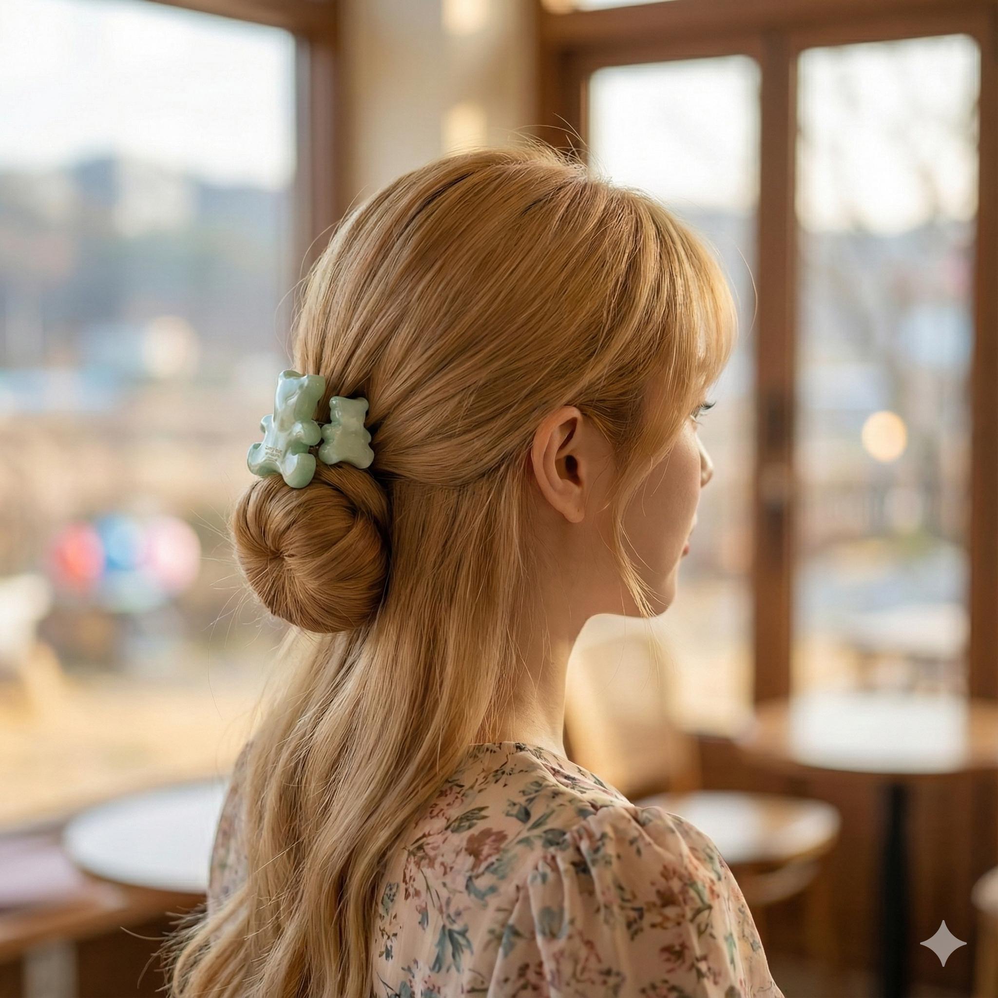 Ice Couple Teddy Bear Long Rubber Band Hair Tie / Simple Cute Ponytail Holder / Hair Accessory for Woman