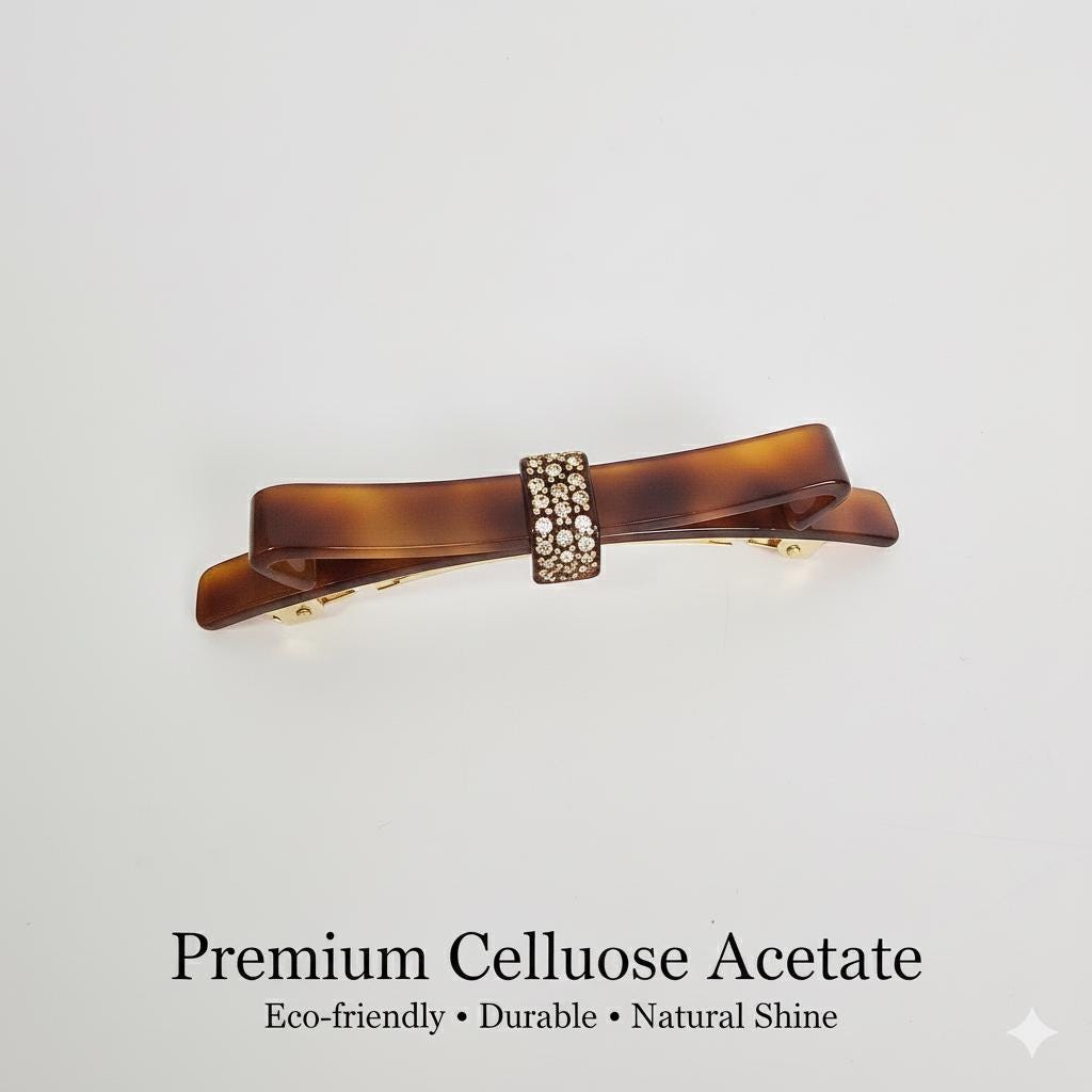 Long Bow Ribbon Cubic Barrette (4.1 Inch) / Elegance French Hair Pin / Automatic Hair Clip