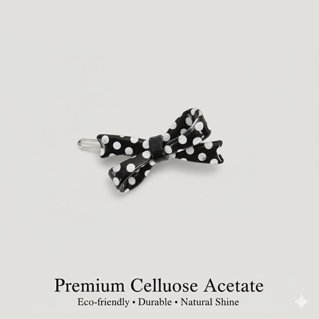 Dot Double Ribbon Bobby Pin (1.8 Inch) / Tortoise Marble French Hair Pin Clip / Hair Accessory for Woman / Bow Barrette