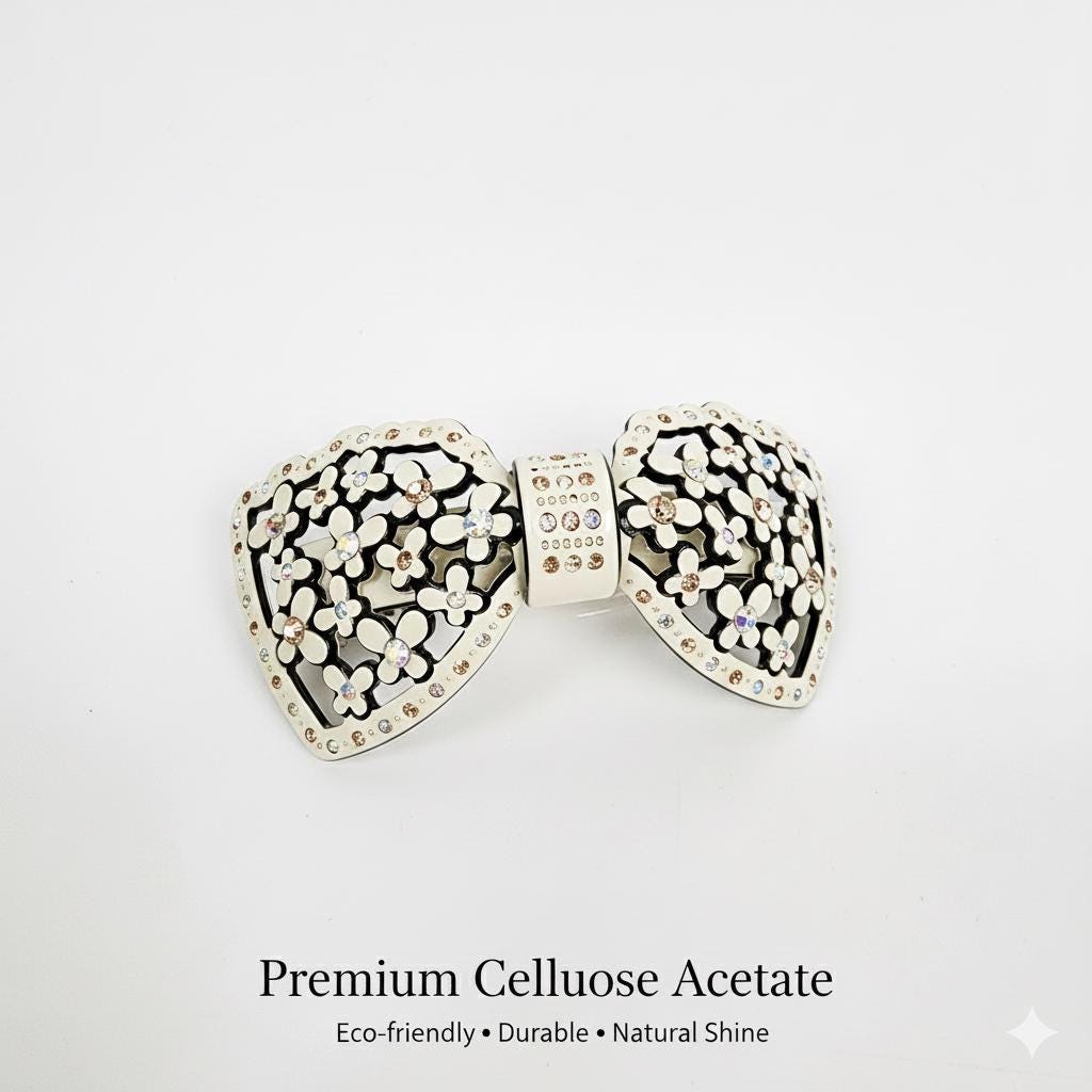 Pastel Color Flower Big Ribbon Hair Barrette with Cubic (3.9 Inch) / Luxurious French Hair Pin / Automatic Hair Clip