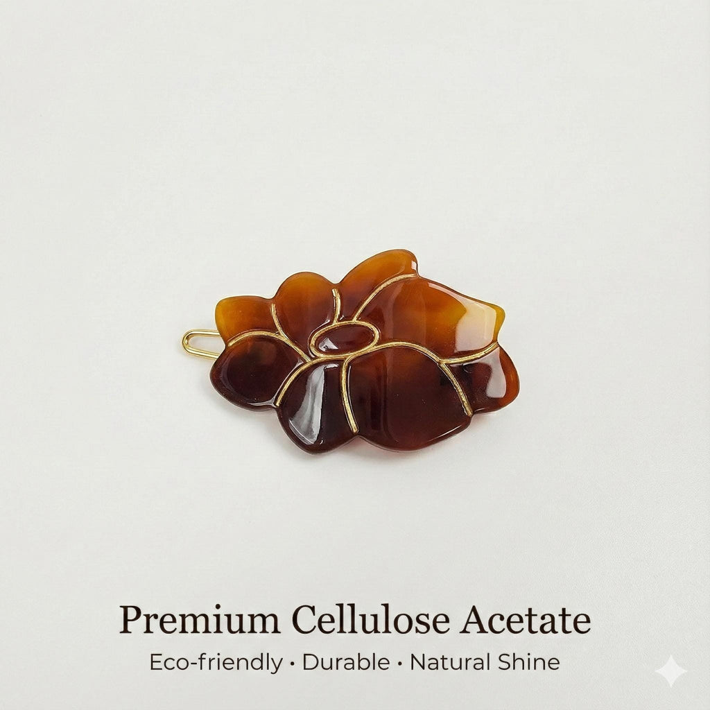 Camellia Floral Acetate Barrette (1.6 Inch) | French Pin | Korean Hair Pin | Small Tortoise Shell Snap Clip