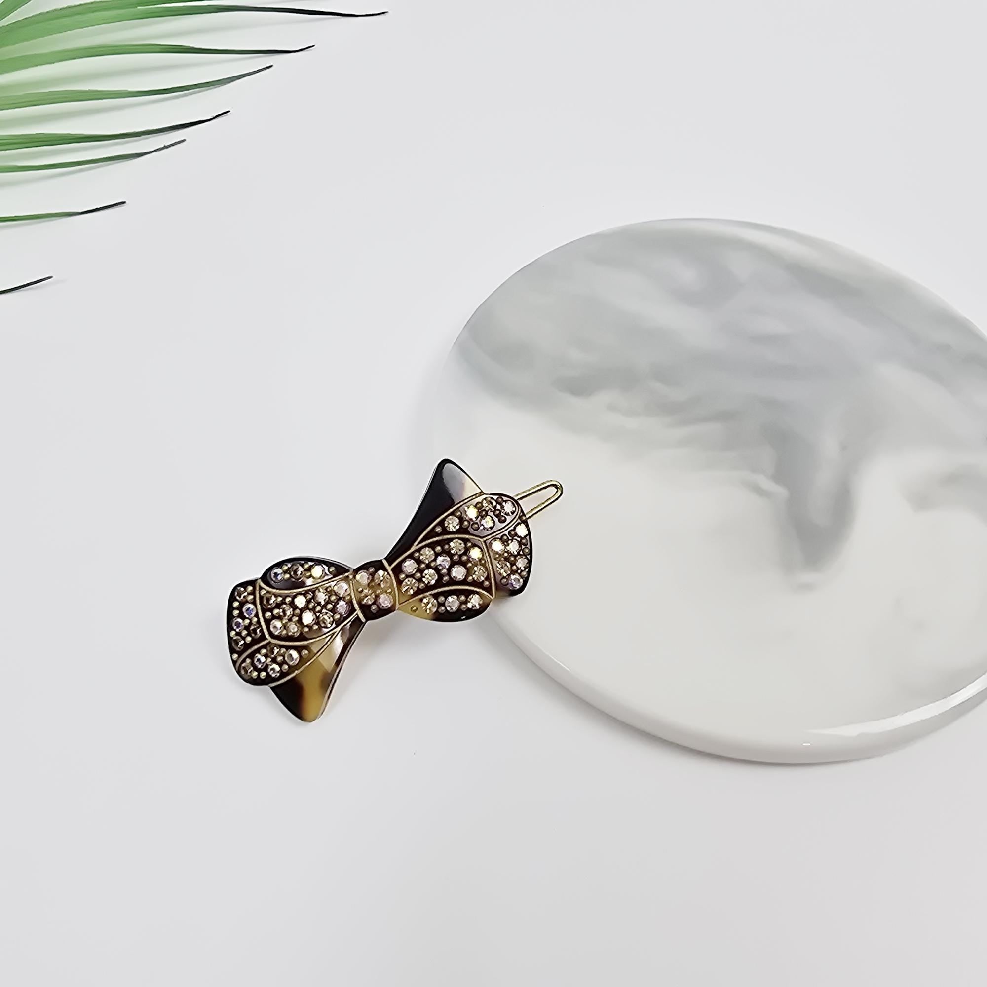 Crystal Bow Barrette (1.8 Inch) | French Pin | Korean Hair Pin | Tortoise Shell Accessories