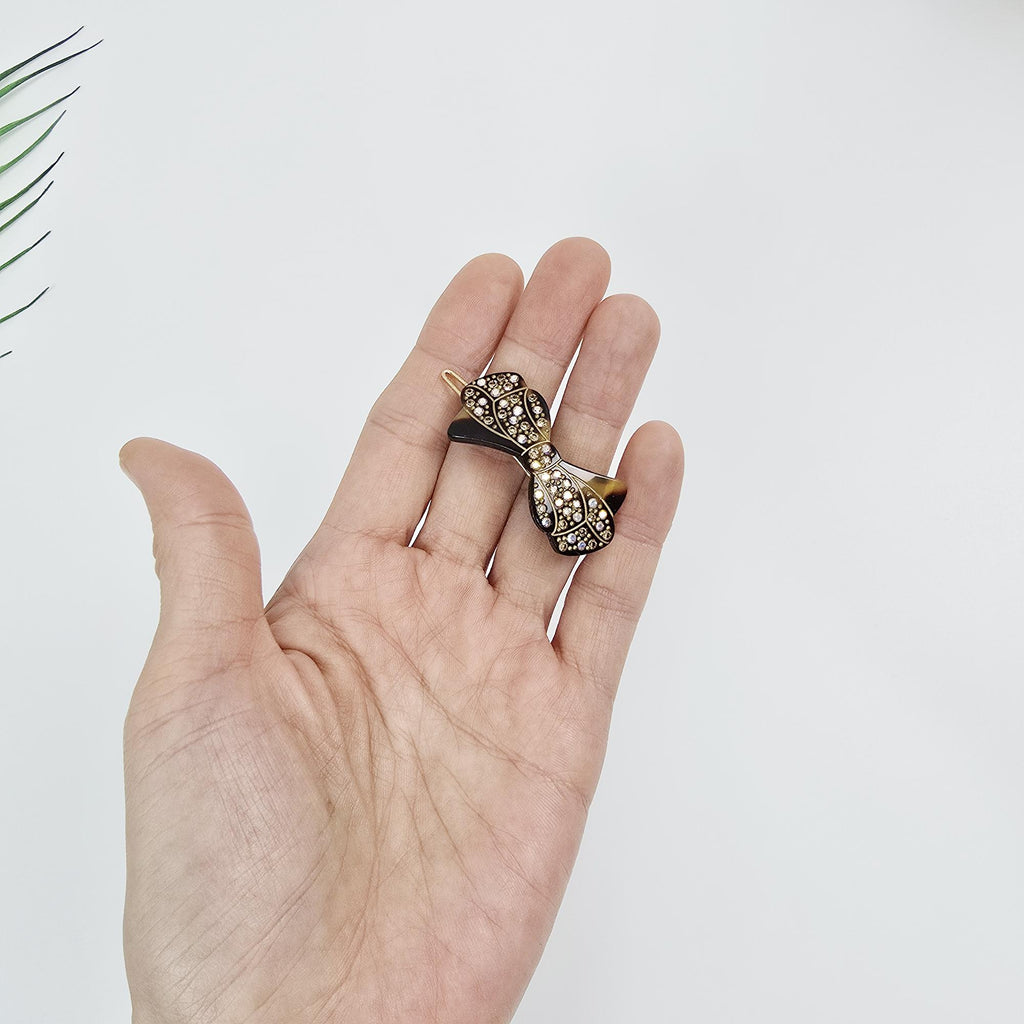 Crystal Bow Barrette (1.8 Inch) | French Pin | Korean Hair Pin | Tortoise Shell Accessories