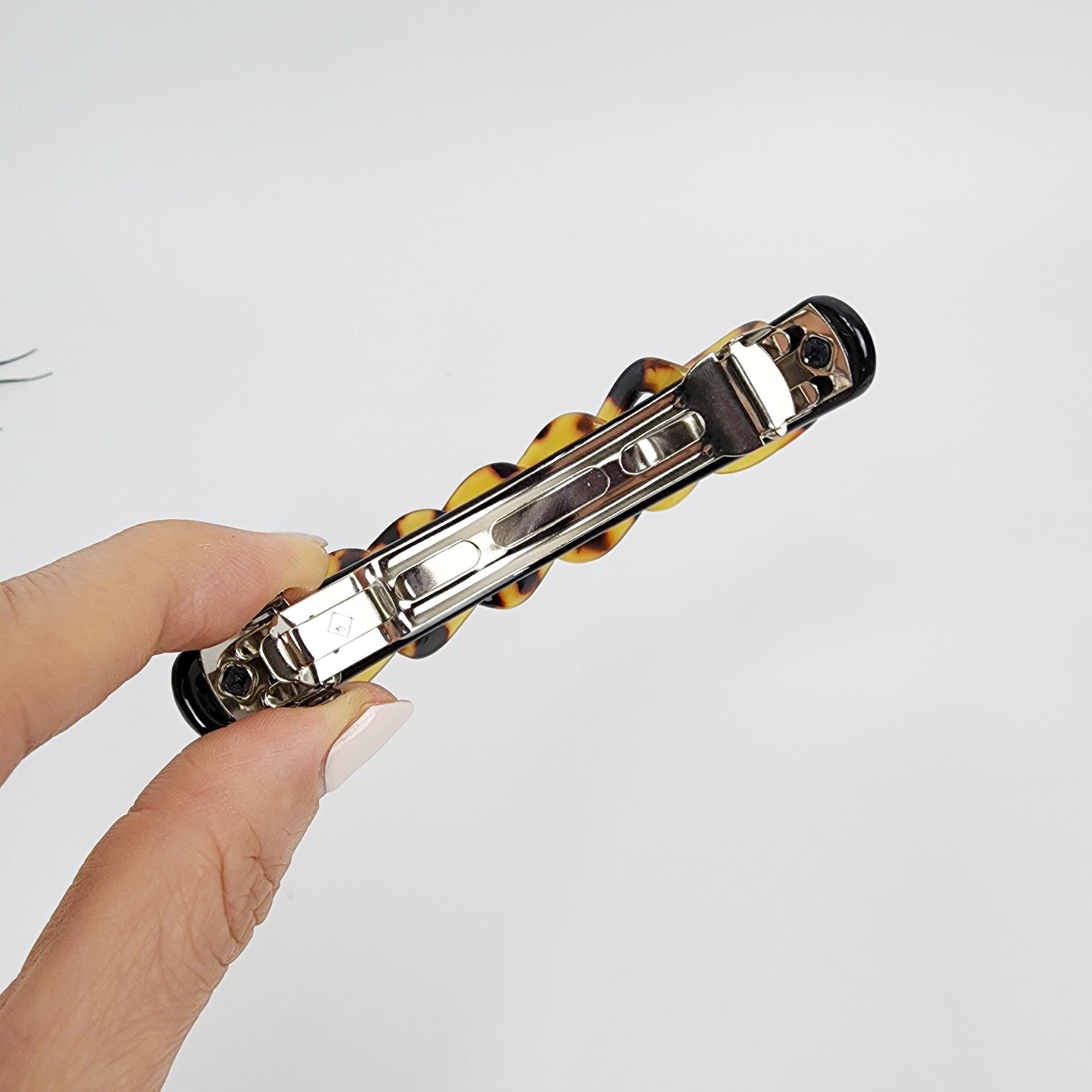 Leopard Square Chain Hair Barrette with Cubic (3.5 Inch) / Tortoise Shell French Hair Pin / Hair Accessory for Woman / Automatic Hair Clip