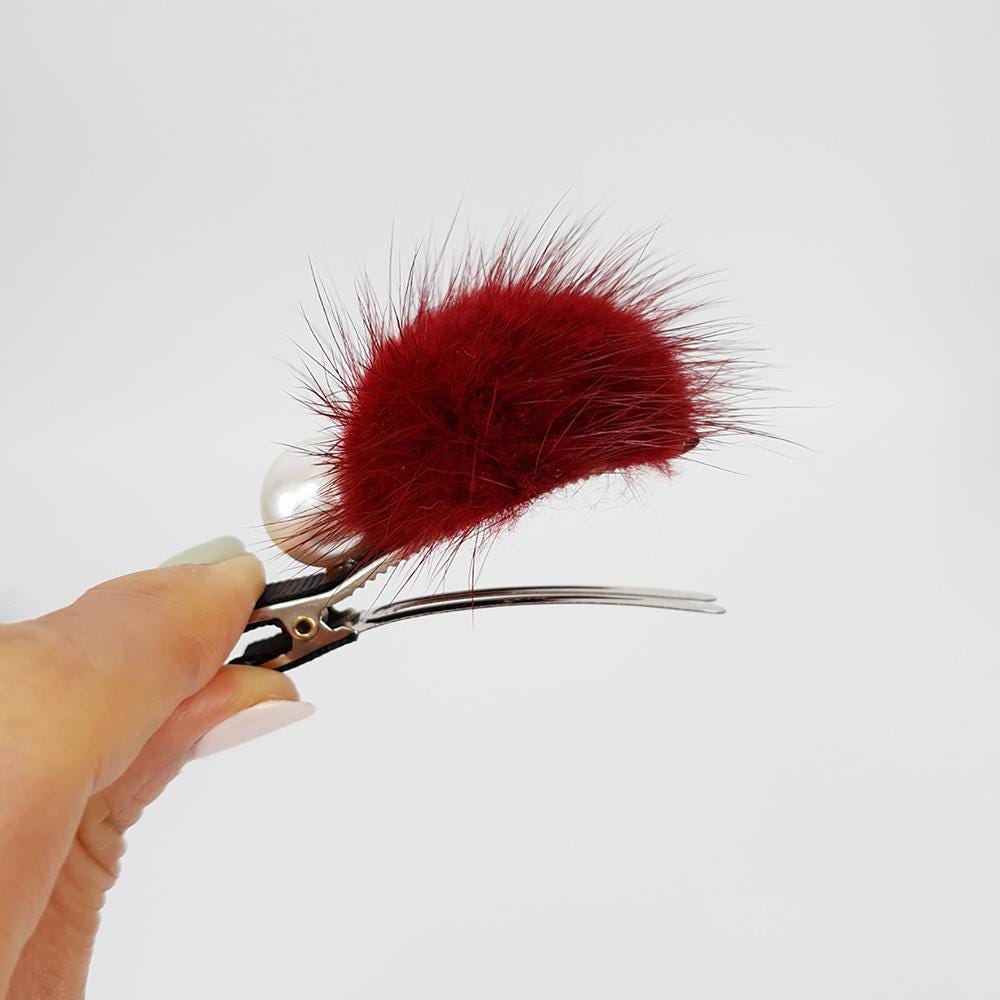 Cream Pearl Real Mink Ball Hair Claw Clip / Cute Colorful Hair Pin / Alligator Hair Clip for Woman