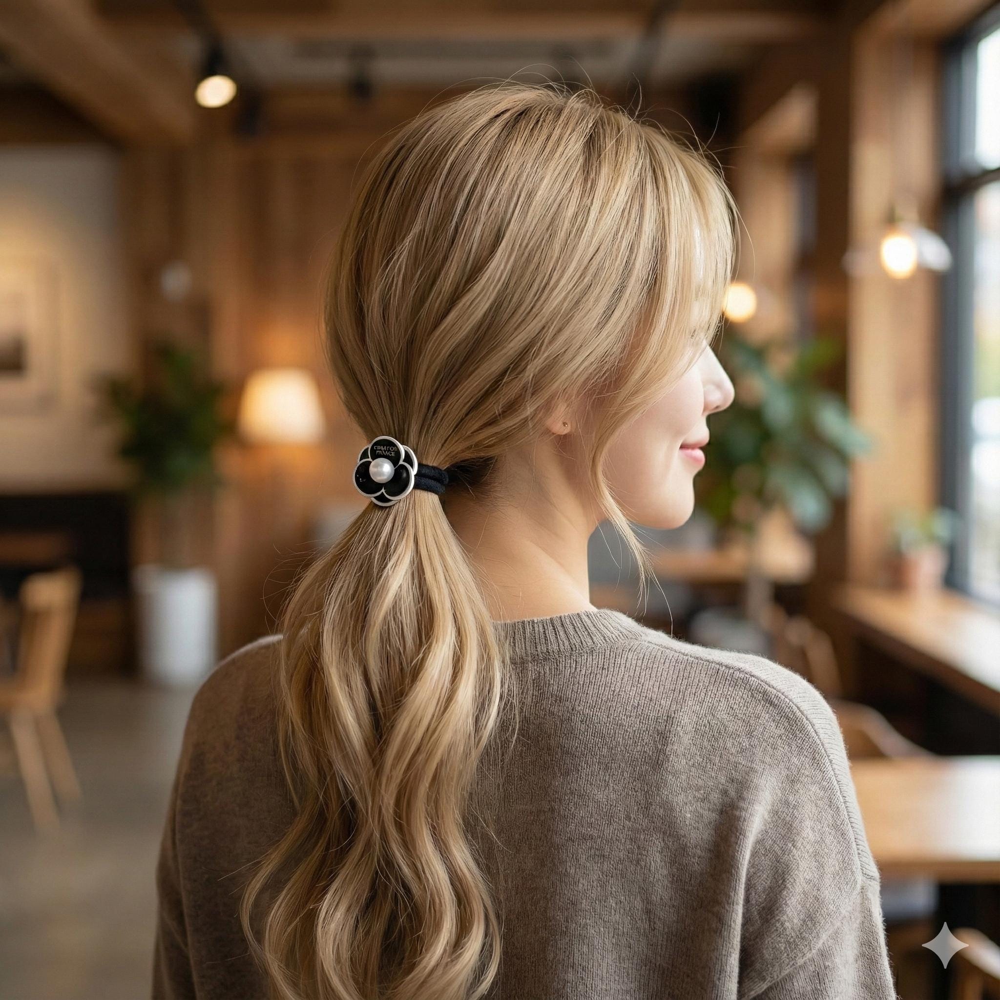 Small Pansy Flower Pearl Accent Ponytail Hair Tie (0.9 Inch) / Small Ponytail Holder / Hair Accessory for Woman