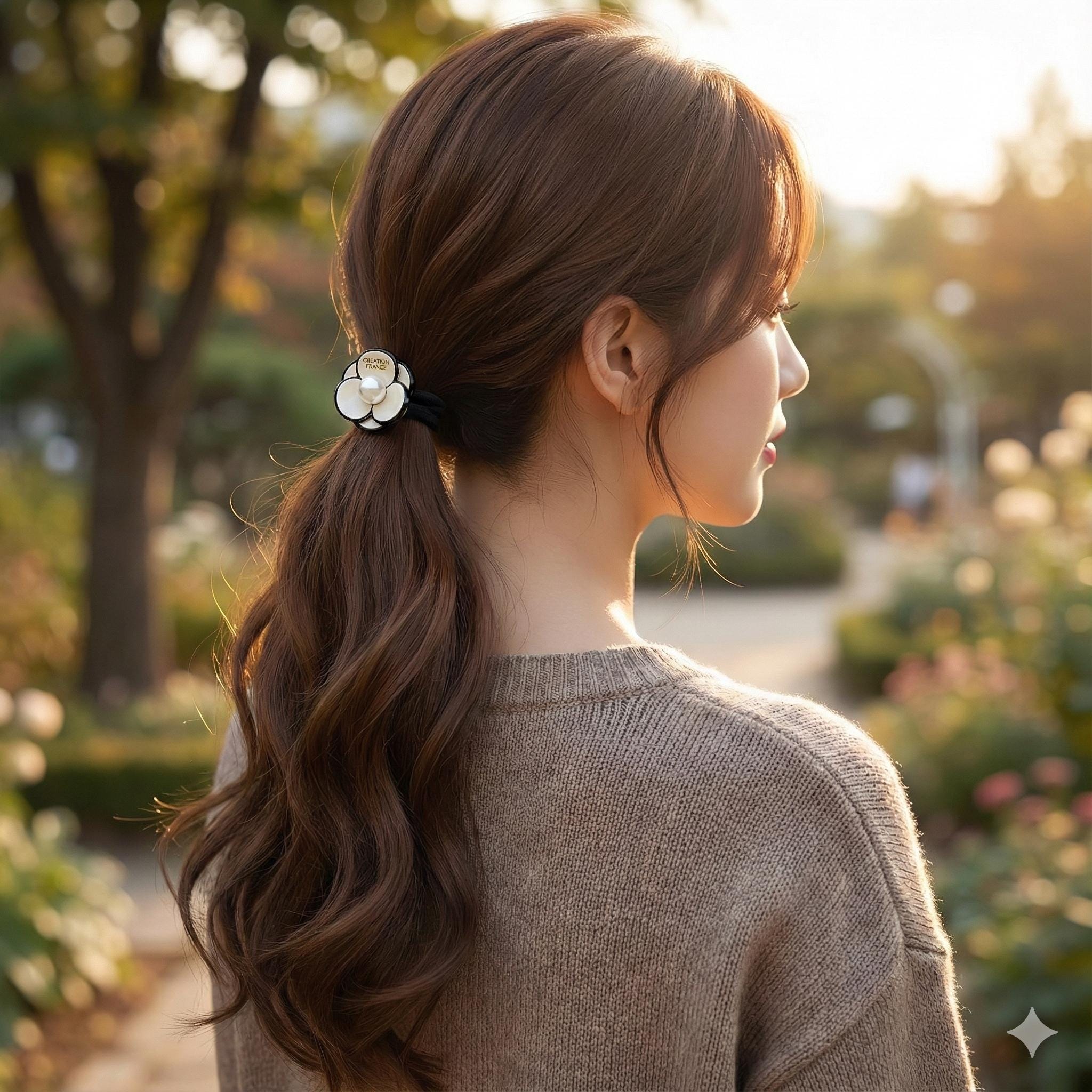 Small Pansy Flower Pearl Accent Ponytail Hair Tie (0.9 Inch) / Small Ponytail Holder / Hair Accessory for Woman