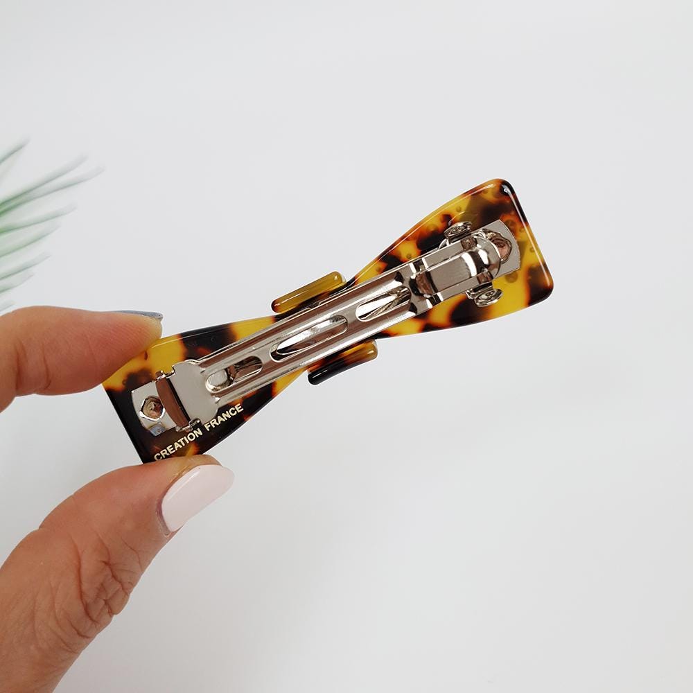 Leopard Bow Tie Hair Barrette with Cubic Stone / Tortoise Shell French Hair Pin / Hair Accessory for Woman / Automatic Hair Clip