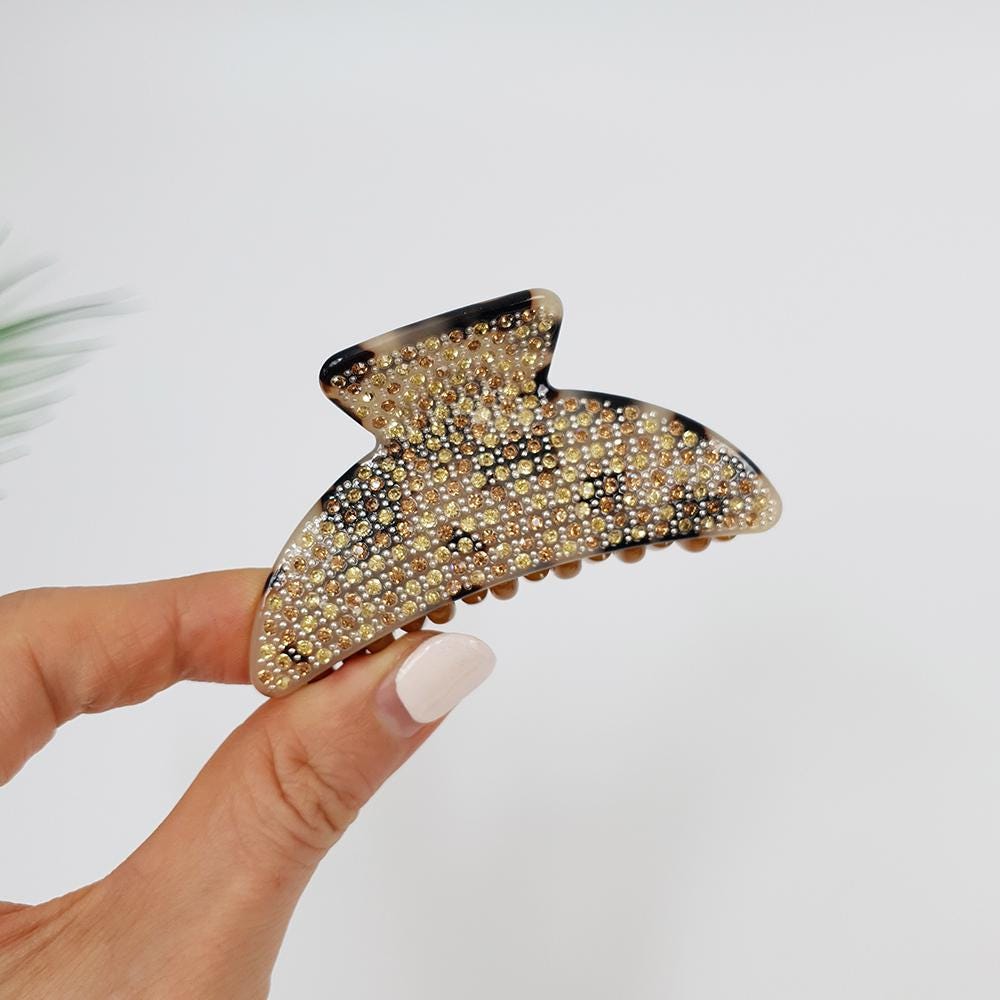 Black Cubic Half Moon Hair Clip (3.0 Inch) / Leopard Tortoise Shell Double Clip French Hair Pin / Hair Barrette for Woman