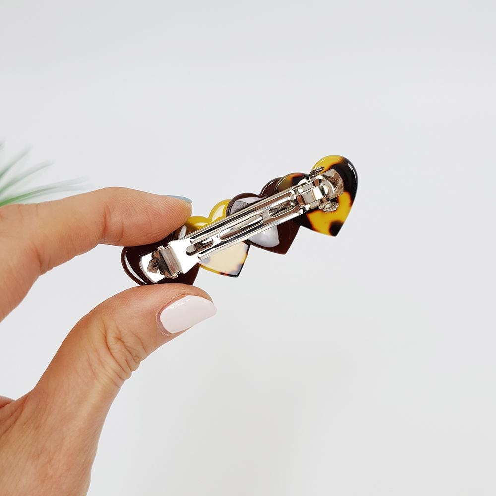 Mix Double Heart Hair Barrette (2.8 Inch) / Tortoise Marble French Hair Pin / Hair Accessory for Woman / Automatic Hair Clip