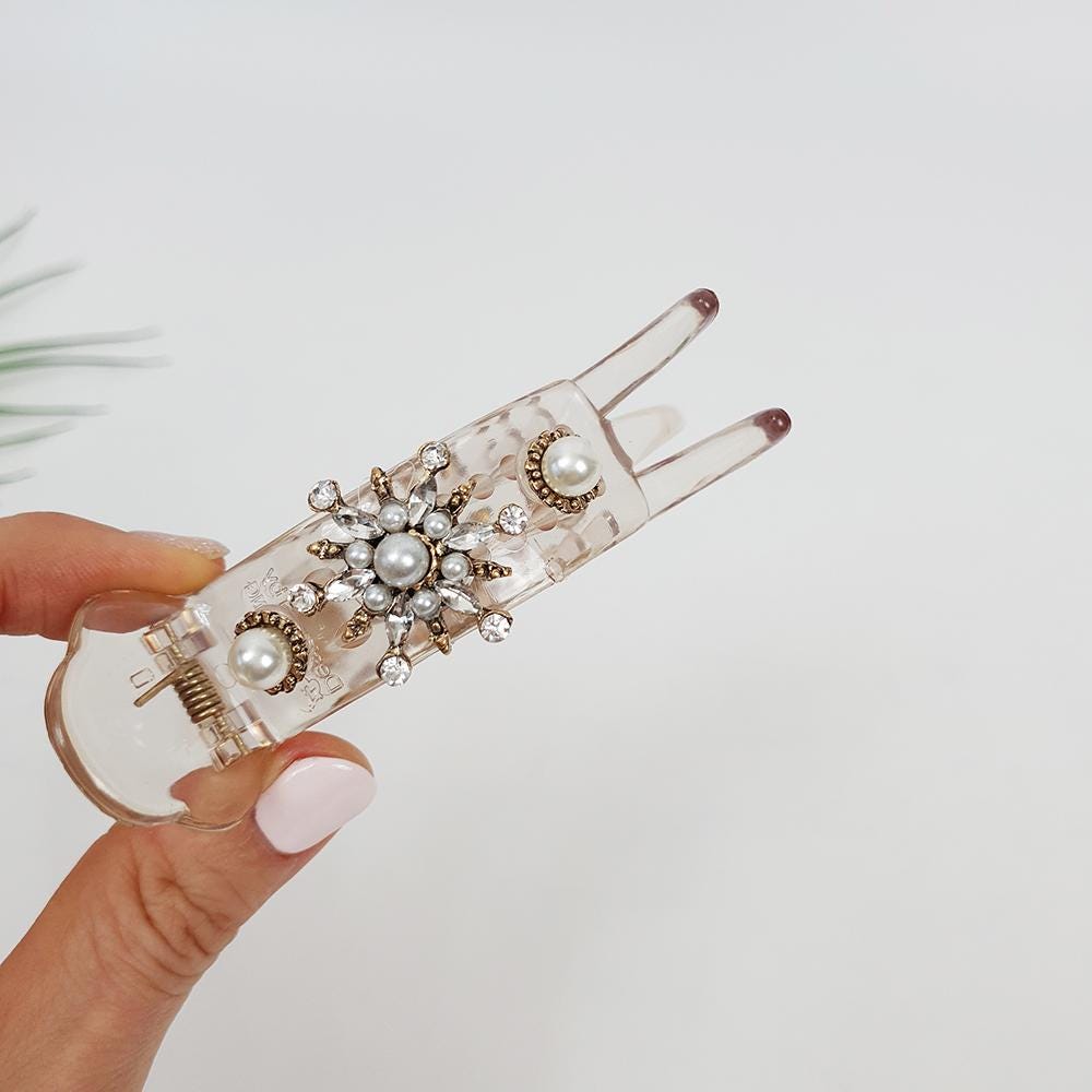 Luxurious Antique Round Cubic Pearl Hair Claw Clip / Vintage Ponytail Hair Claw / Hair Barrette for Woman / Pearl Barrette