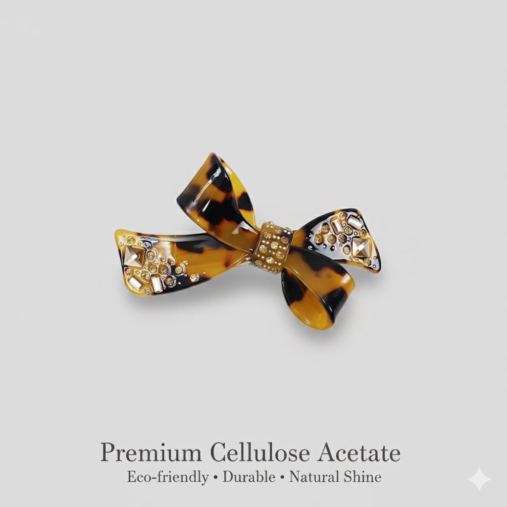 Tortoise Shell Big Double Ribbon Hair Barrette (3.5 Inch) / Luxurious Cellulose French Hair Pin / Automatic Hair Clip for Woman