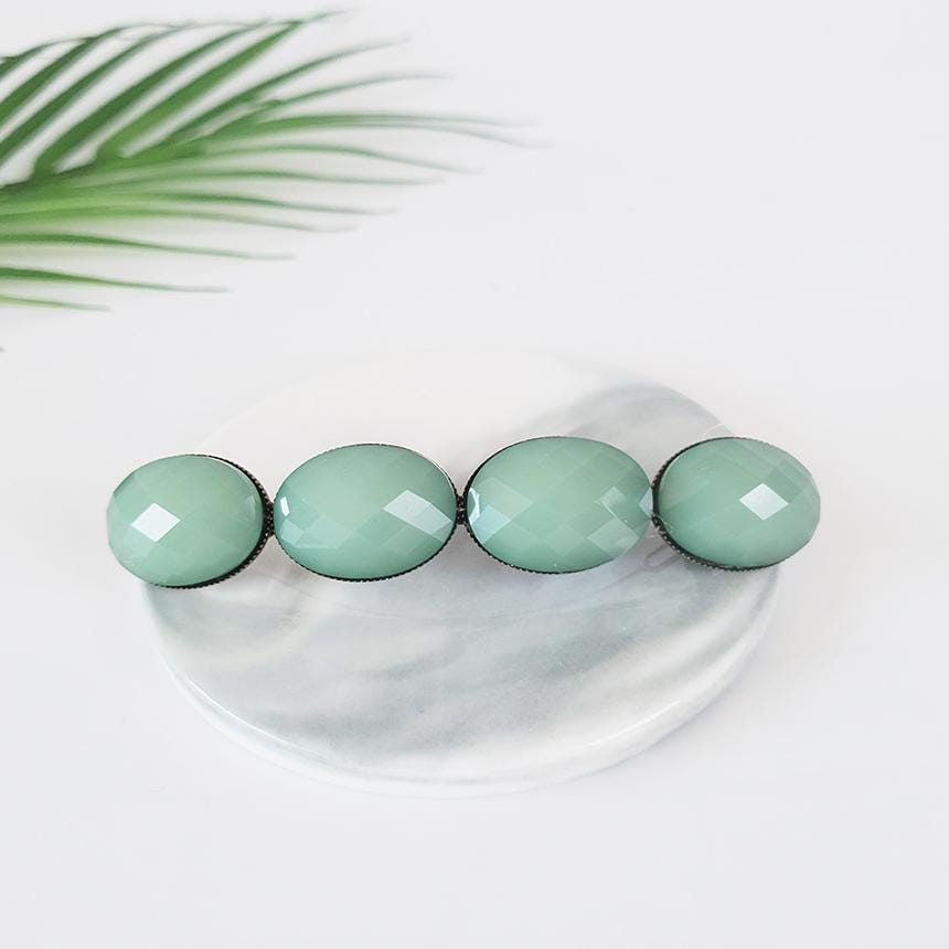 Big Oval Formica Hair Barrette (4.0 Inch) / Diamond Cut Formica Stone Decorated Barrette / Automatic Hair Pin