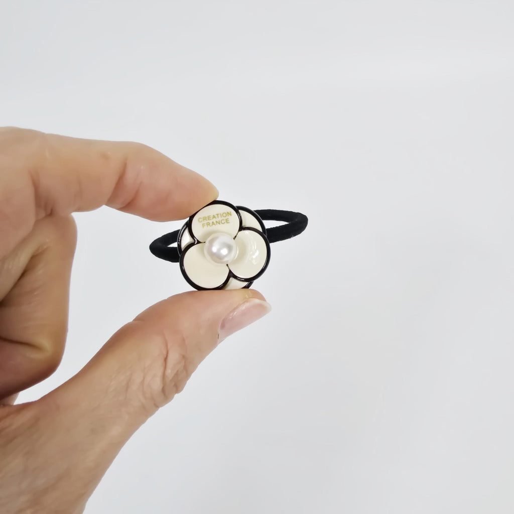 Small Pansy Flower Pearl Accent Ponytail Hair Tie (0.9 Inch) / Small Ponytail Holder / Hair Accessory for Woman