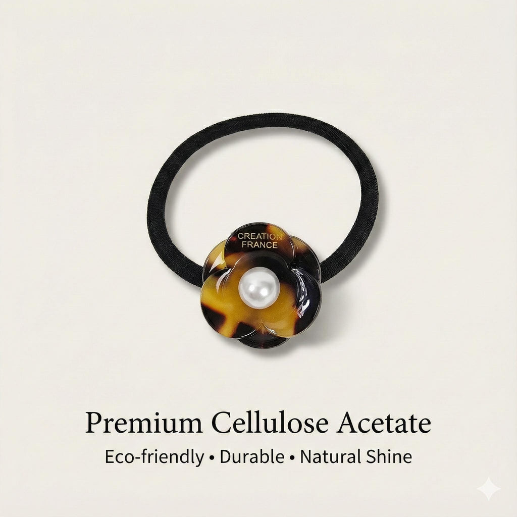 Small Pansy Flower Pearl Accent Ponytail Hair Tie (0.9 Inch) / Small Ponytail Holder / Hair Accessory for Woman