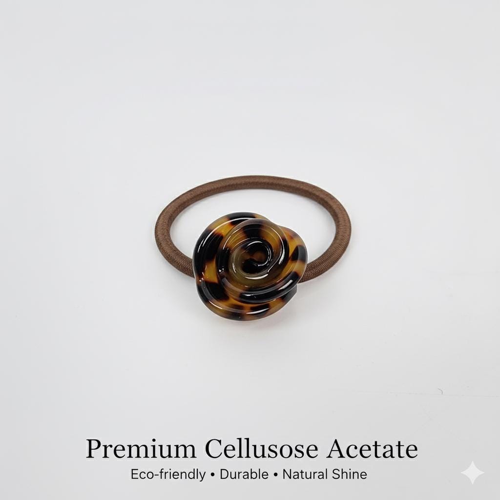 Pure Color Rose Blossom Hair Tie / Simple Tortoise Shell Ponytail Holder / Hair Accessory for Woman / French Hair Tie